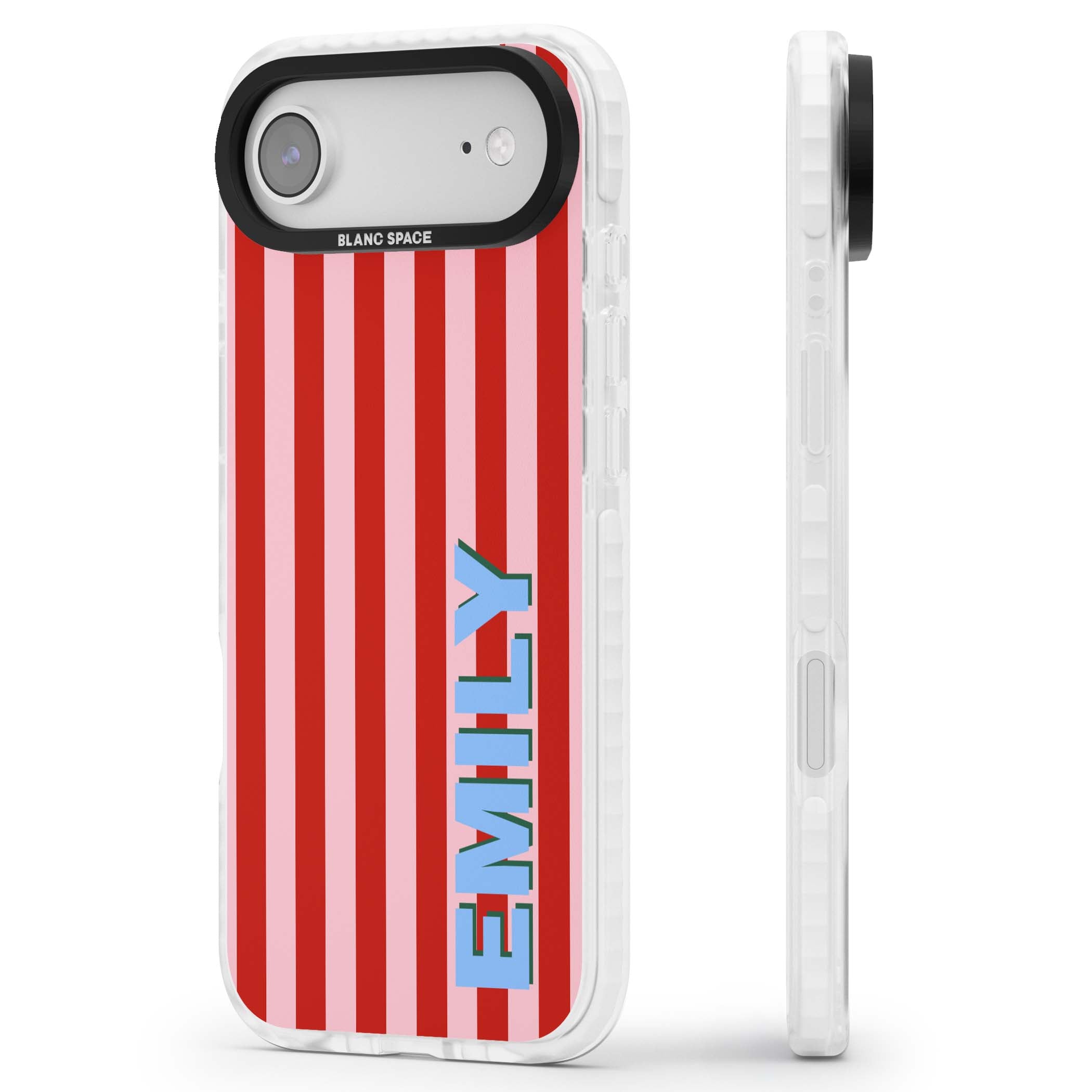 Market Stripe personalised iPhone case with red and pink vertical stripes and custom blue name | Impact Magsafe case for iPhone Air