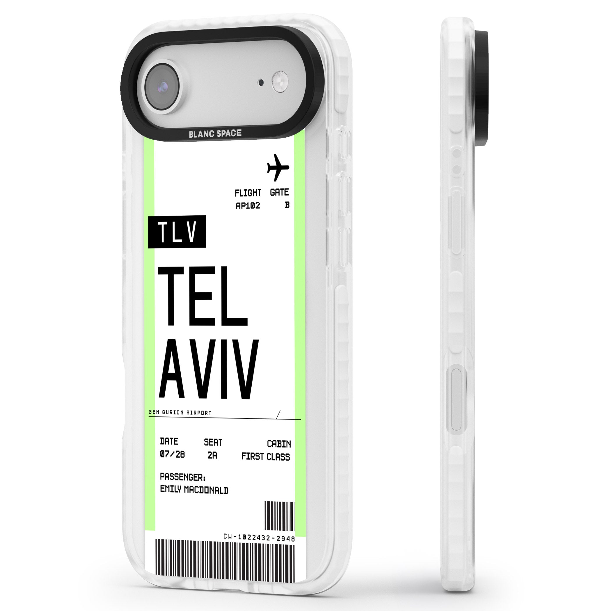 Personalised Tel Aviv Boarding Pass iPhone 17 Air Impact Pro Clear Phone Case Side Profile