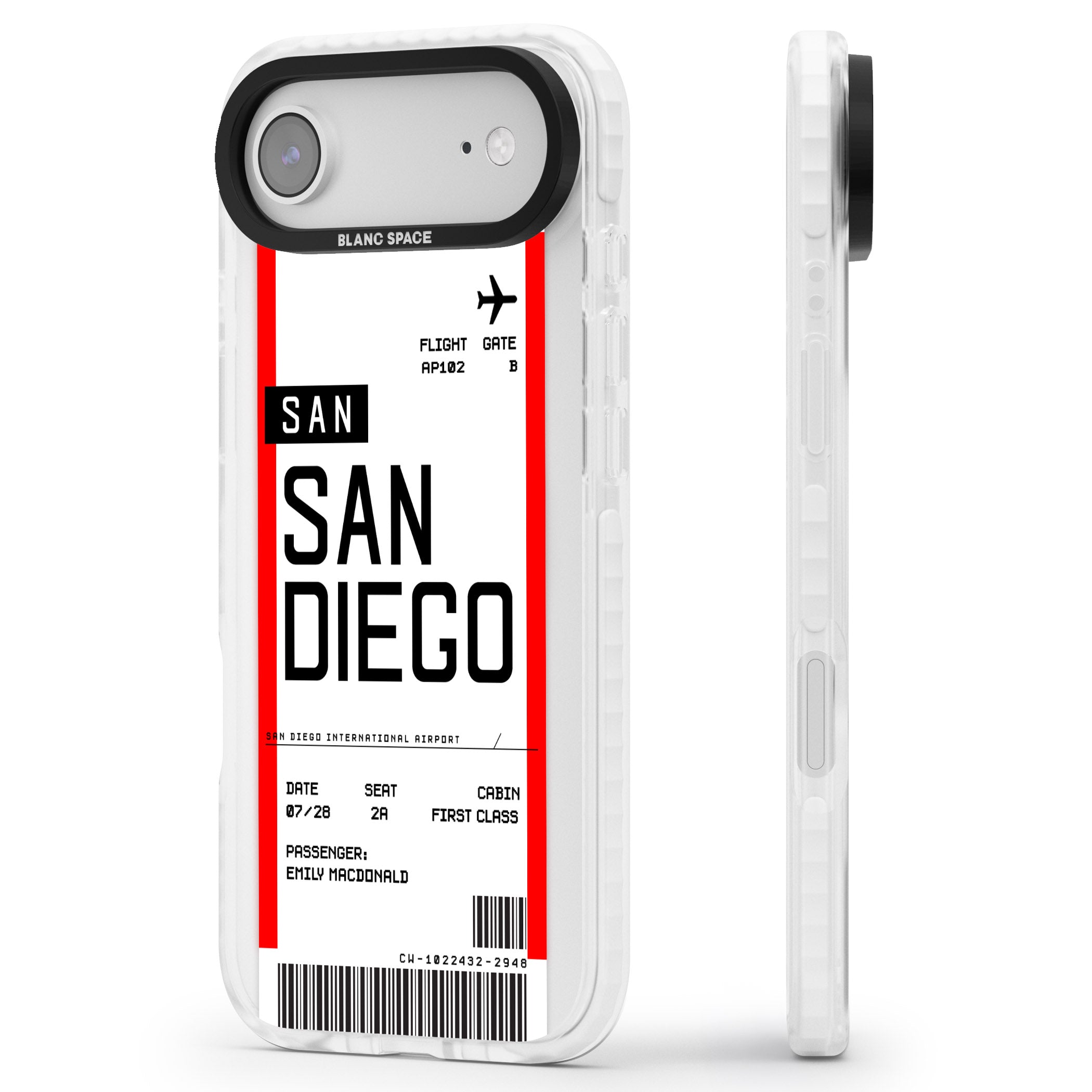 Personalised San Diego Boarding Pass iPhone 17 Air Impact Pro Clear Phone Case Side Profile