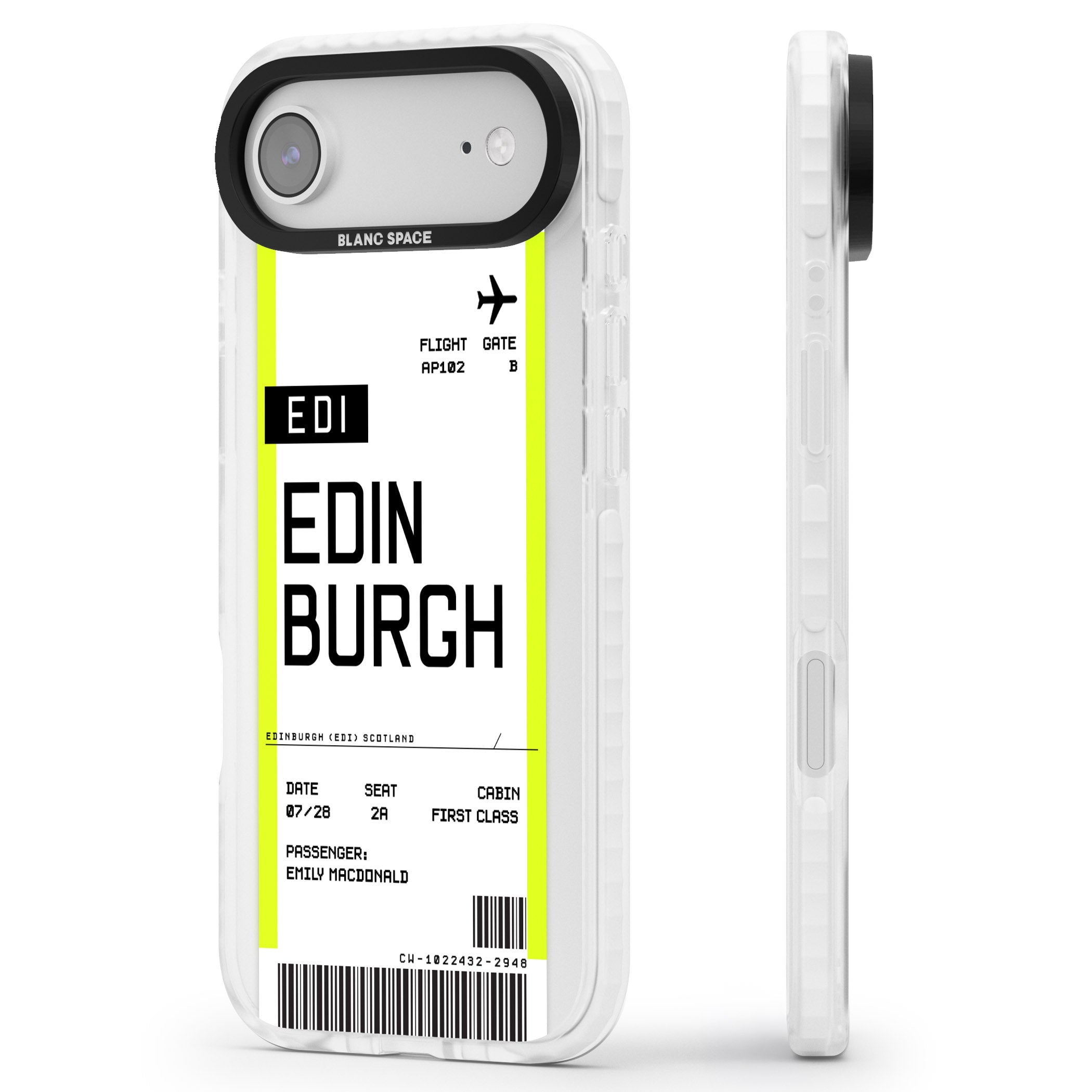 Personalised Edinburgh Boarding Pass iPhone 17 Air Impact Pro Clear Phone Case Side Profile