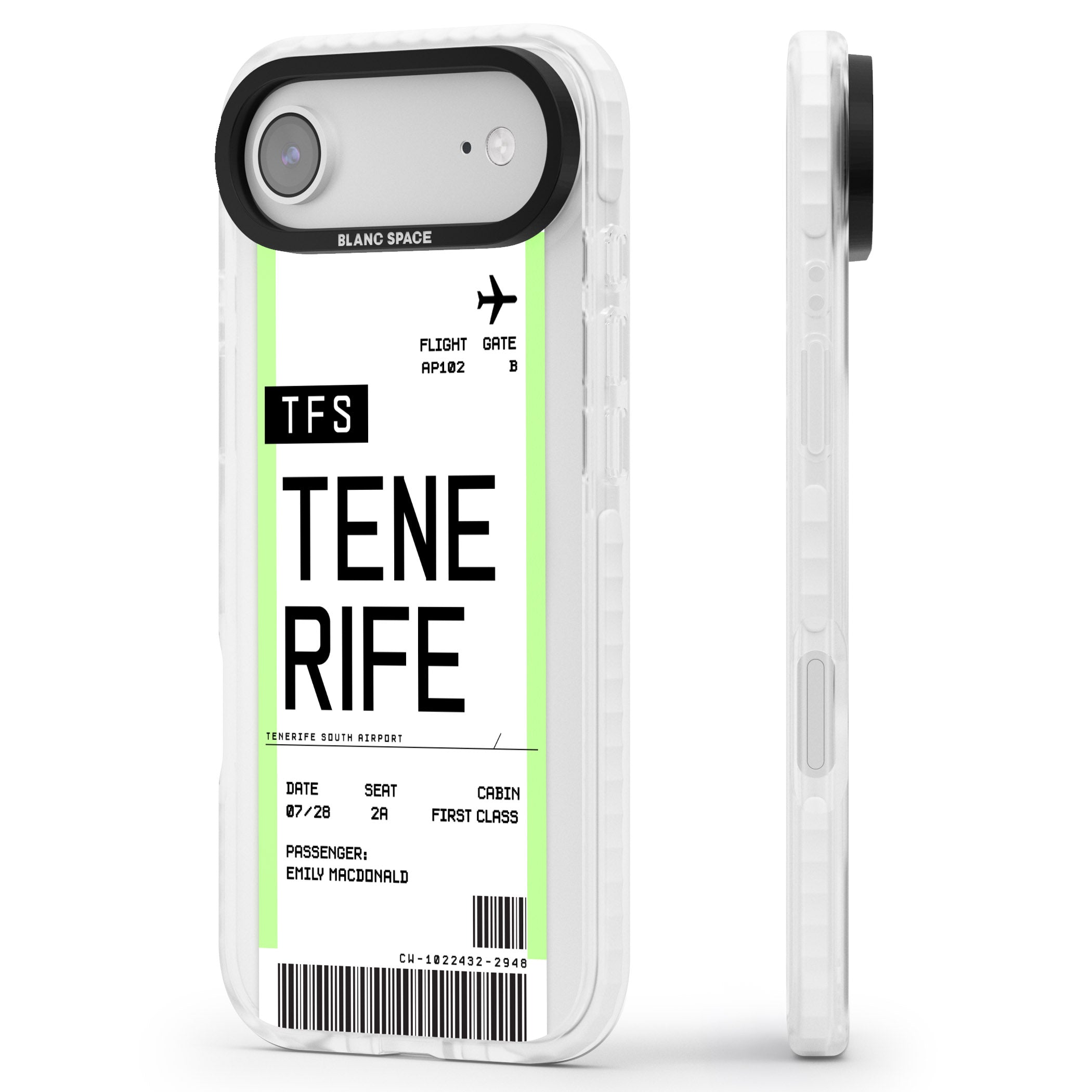 Personalised Tenerife Boarding Pass iPhone 17 Air Impact Pro Clear Phone Case Side Profile