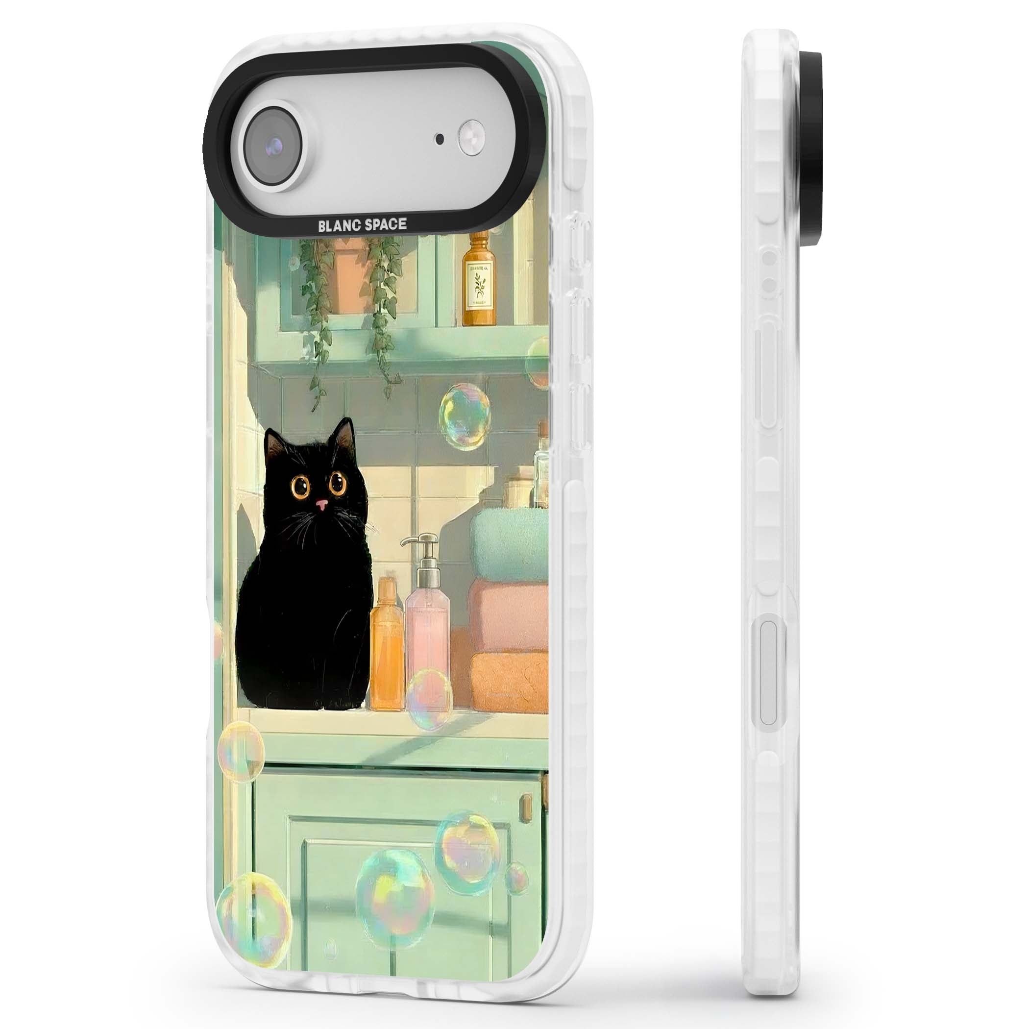 Bathroom Bubble Kitty cottagecore iPhone case featuring a black cat, mint bathroom scene and floating soap bubbles | Impact Magsafe case for iPhone Air