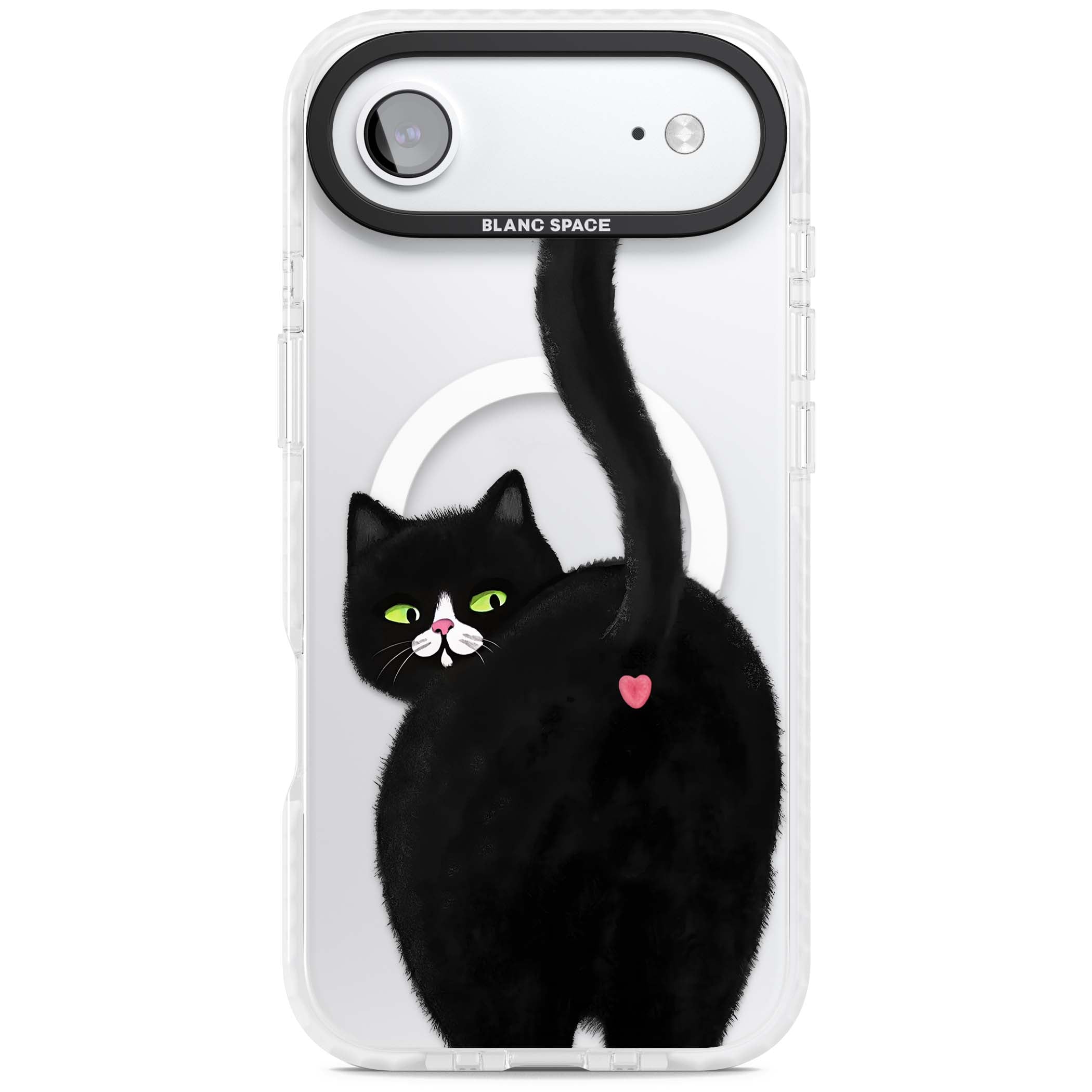 The Cat's Kiss cute cat iPhone case featuring a hand-painted tuxedo kitty with green eyes and a pink heart on a clear | Impact Magsafe case for iPhone Air