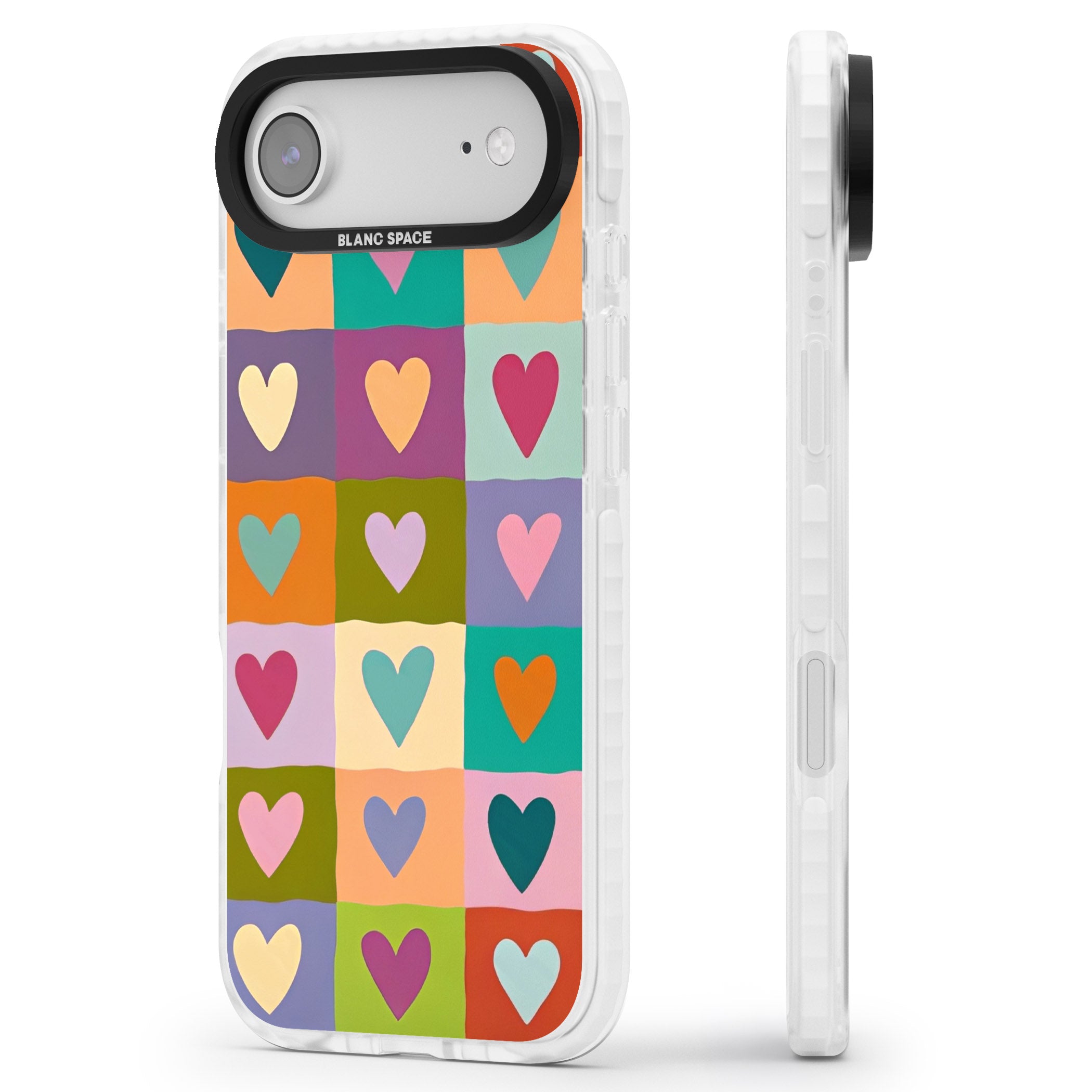 Multicolour Checked Hearts iPhone 17 Air Impact Pro Clear Phone Case Side Profile