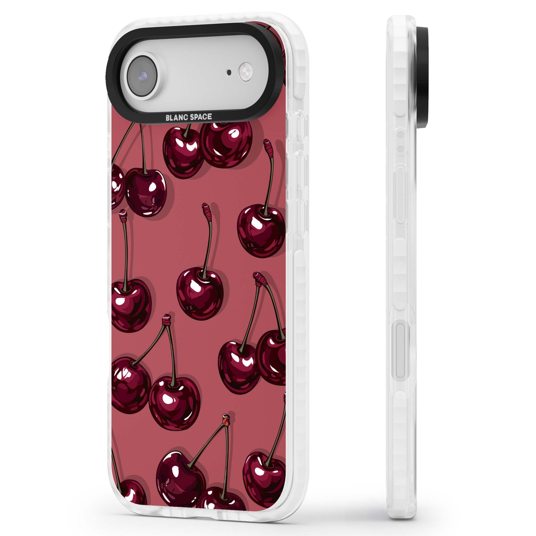 Cherry Rebel coquette iPhone case featuring glossy burgundy cherries on a dusty rose background | Impact Magsafe case for iPhone Air