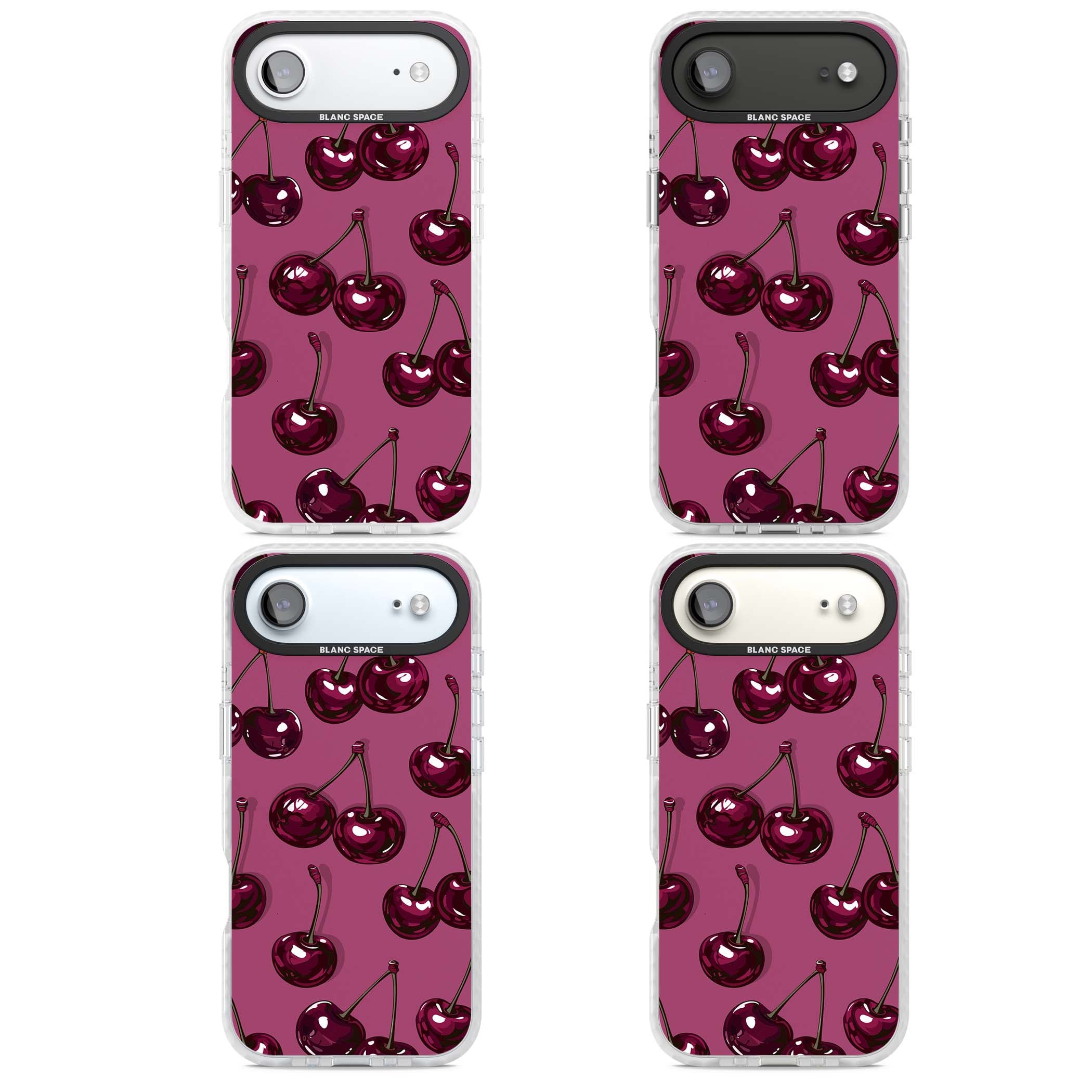Cherry Soda coquette iPhone case featuring glossy burgundy cherries on a dusty pink background | Impact Magsafe case for iPhone Air