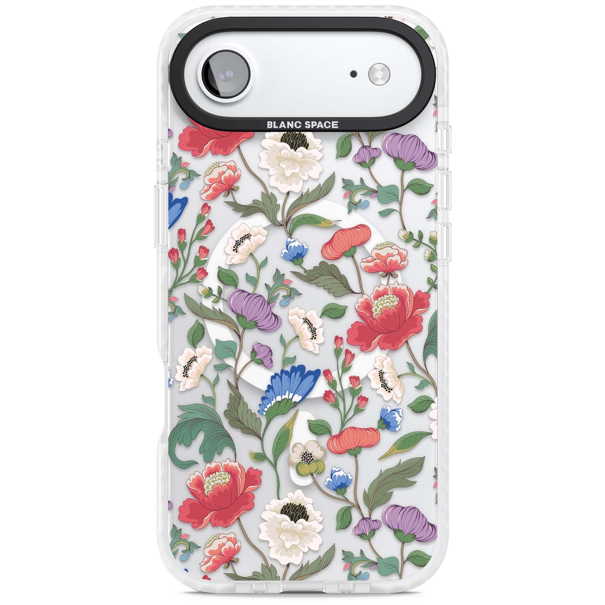 Chinoiserie Bloom vintage floral iPhone case featuring hand-painted peonies, poppies and trailing wildflowers on clear... | Impact Magsafe case for iPhone Air