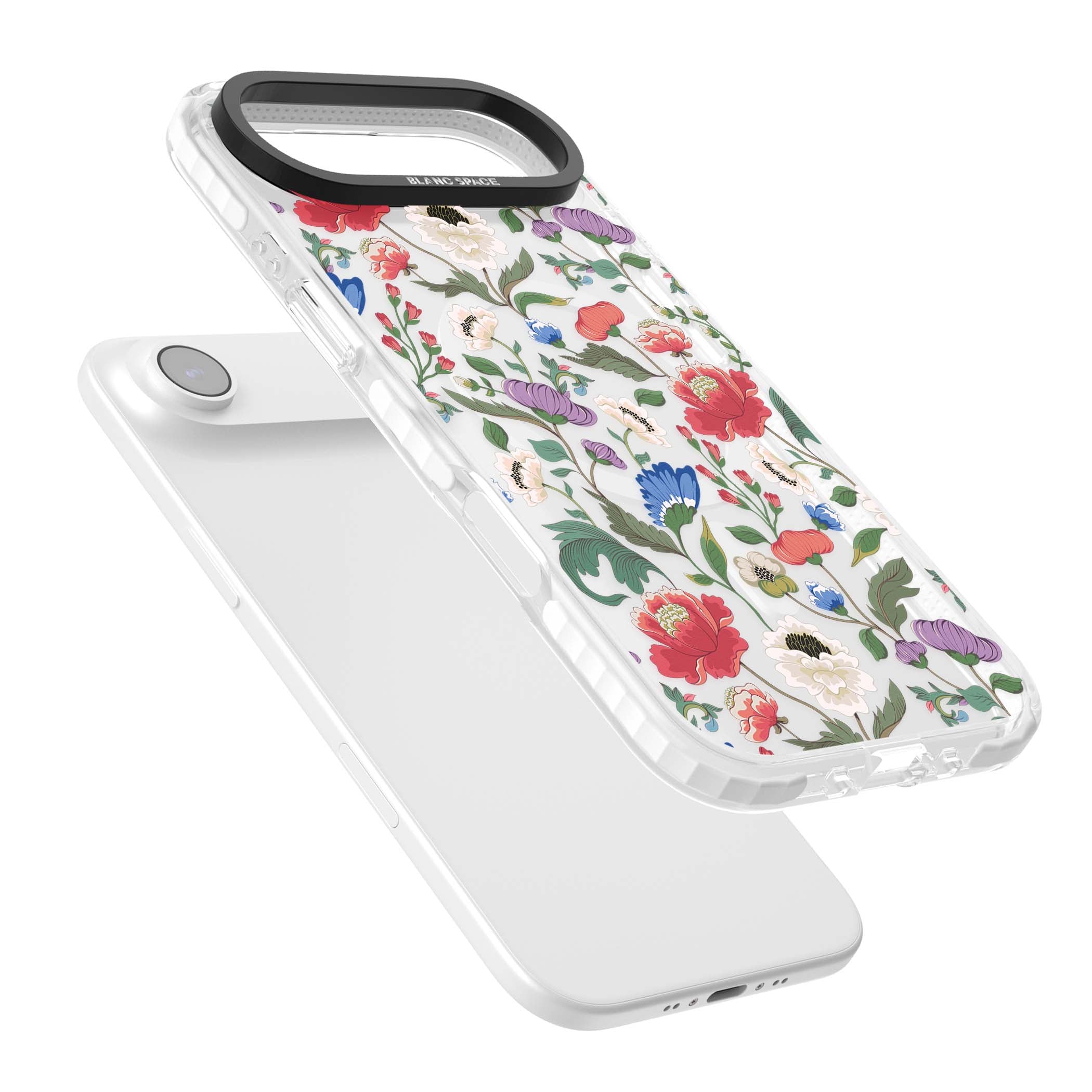 Chinoiserie Bloom vintage floral iPhone case featuring hand-painted peonies, poppies and trailing wildflowers on clear... | Impact Magsafe case for iPhone Air