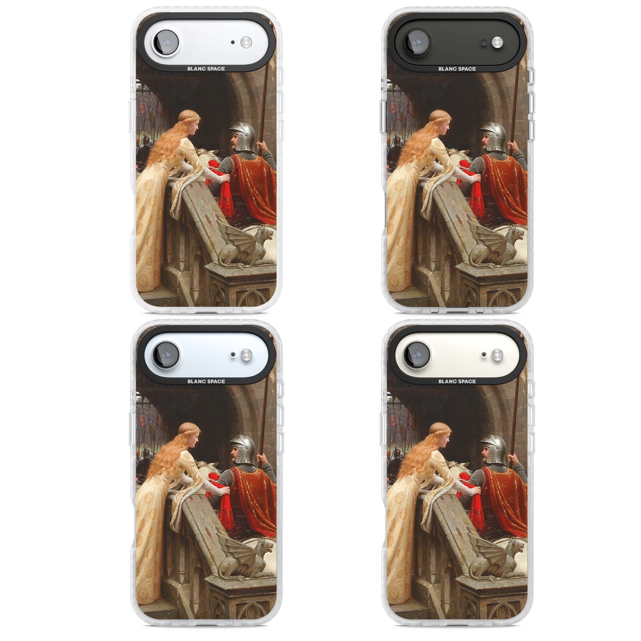 God Speed fine art iPhone case featuring Edmund Blair Leighton's medieval knight and lady beneath a stone archway | Impact Magsafe case for iPhone Air