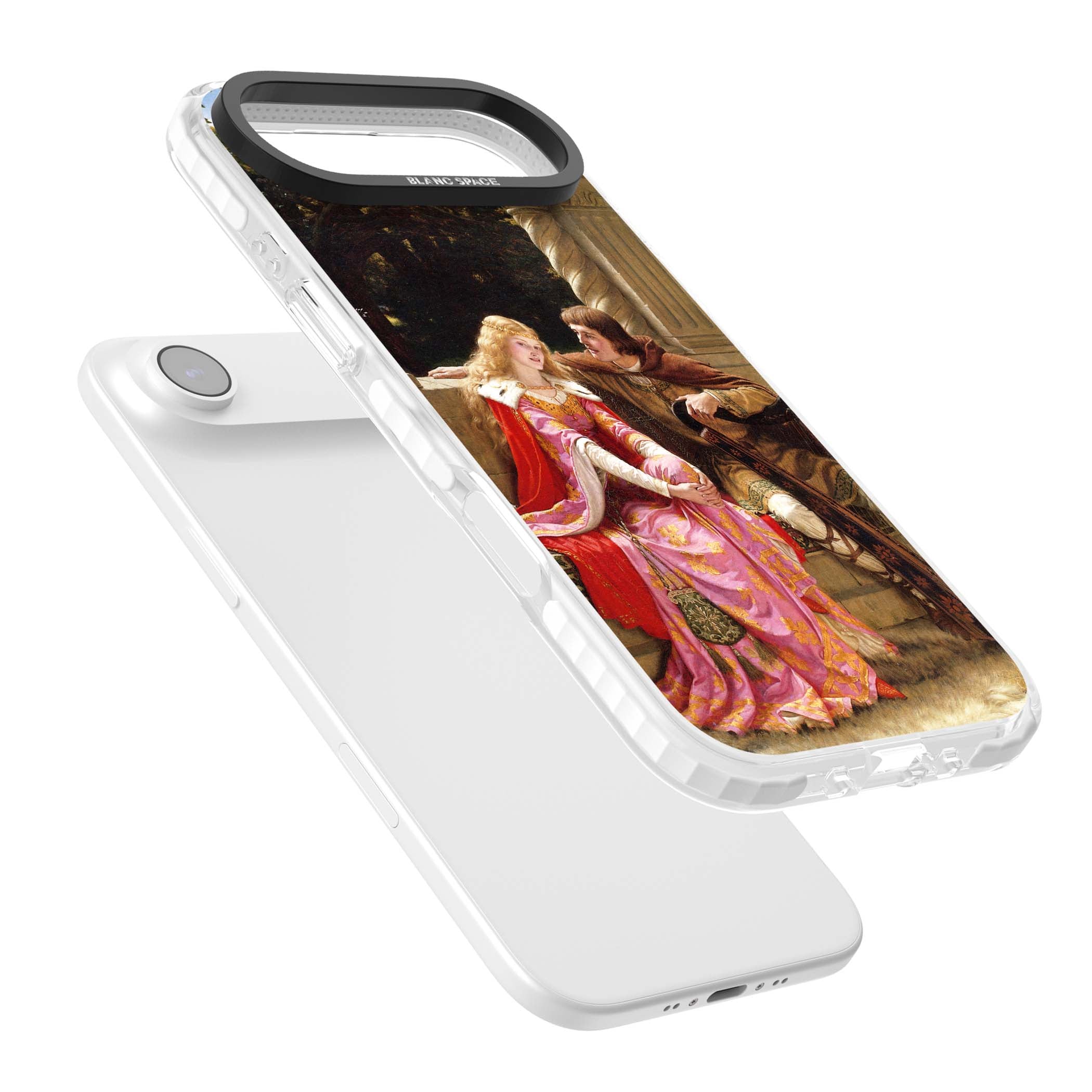 The End of the Song classic art iPhone case featuring a medieval lady in pink gown and her knight in a stone archway | Impact Magsafe case for iPhone Air