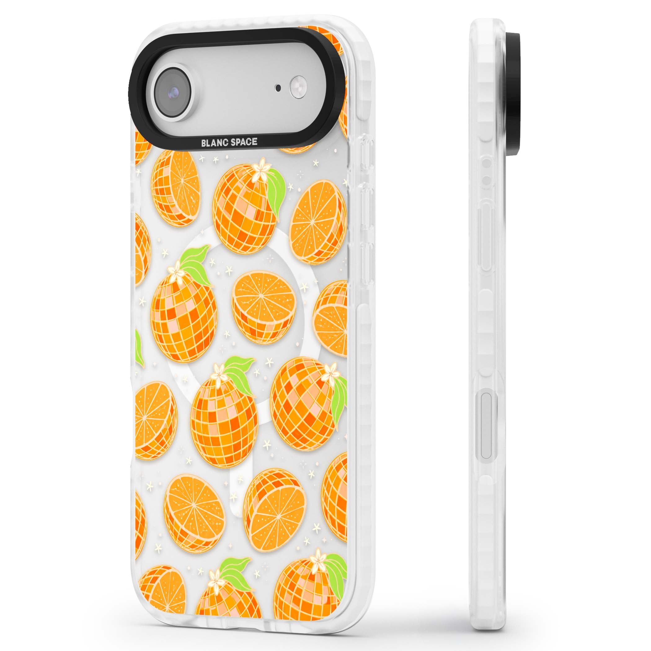Disco Oranges retro iPhone case featuring mirrorball oranges, citrus slices and tiny blossoms on clear | Impact Magsafe case for iPhone Air