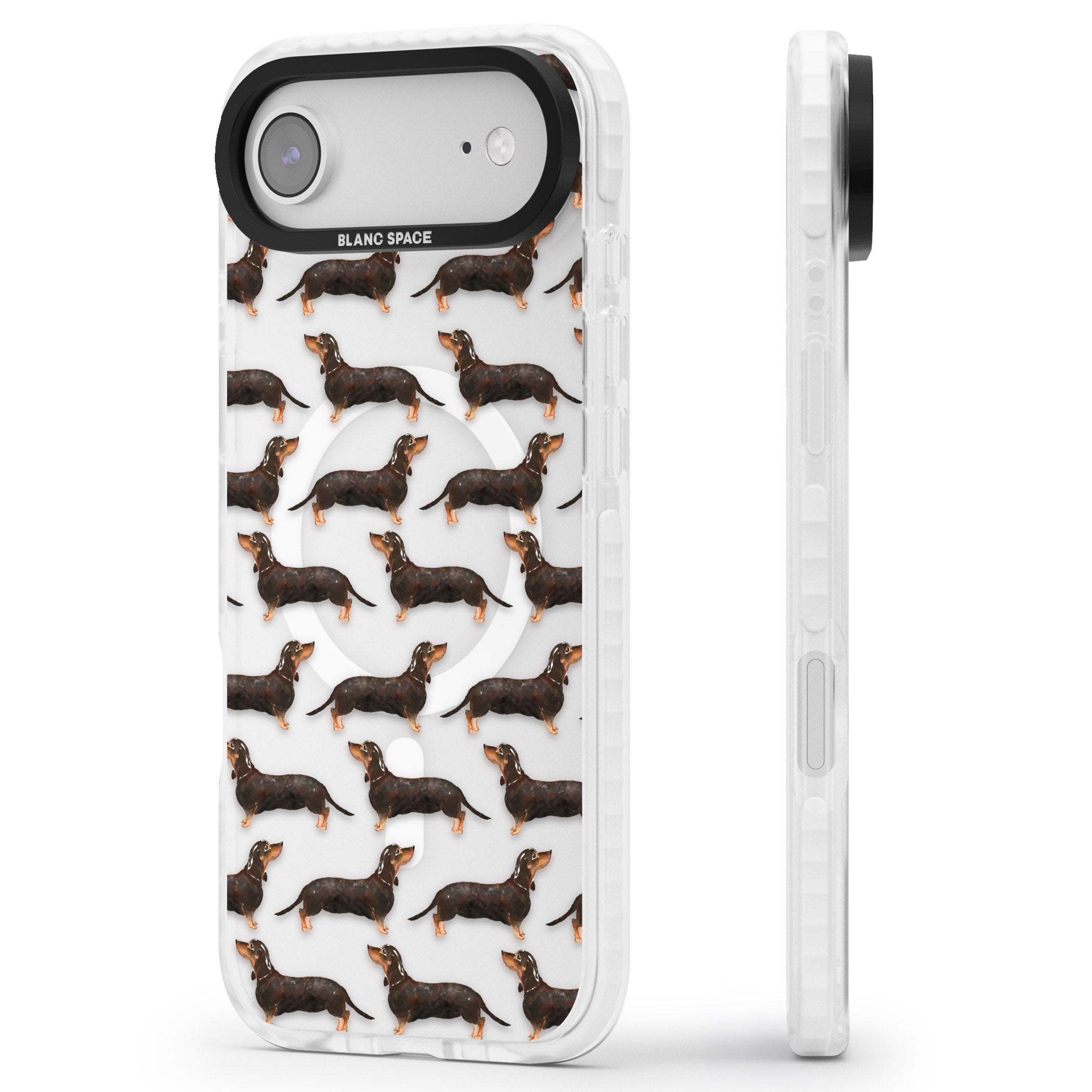 Dachshund Pattern Black Tan iPhone 17 Air Impact Pro Clear Phone Case Side Profile