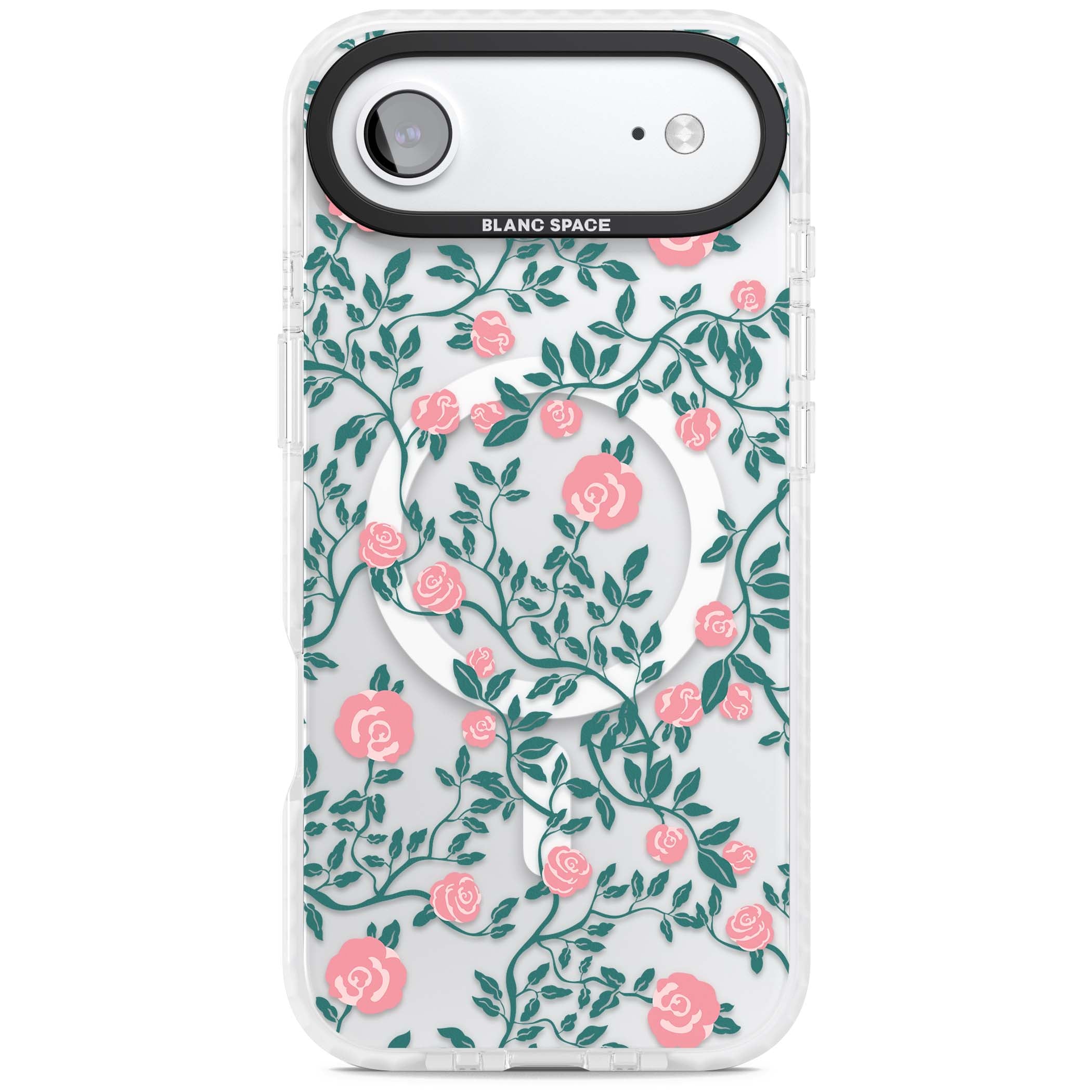Rose Trellis (Clear) cottagecore iPhone case featuring pink climbing roses and green leaves on clear background | Impact Magsafe case for iPhone Air