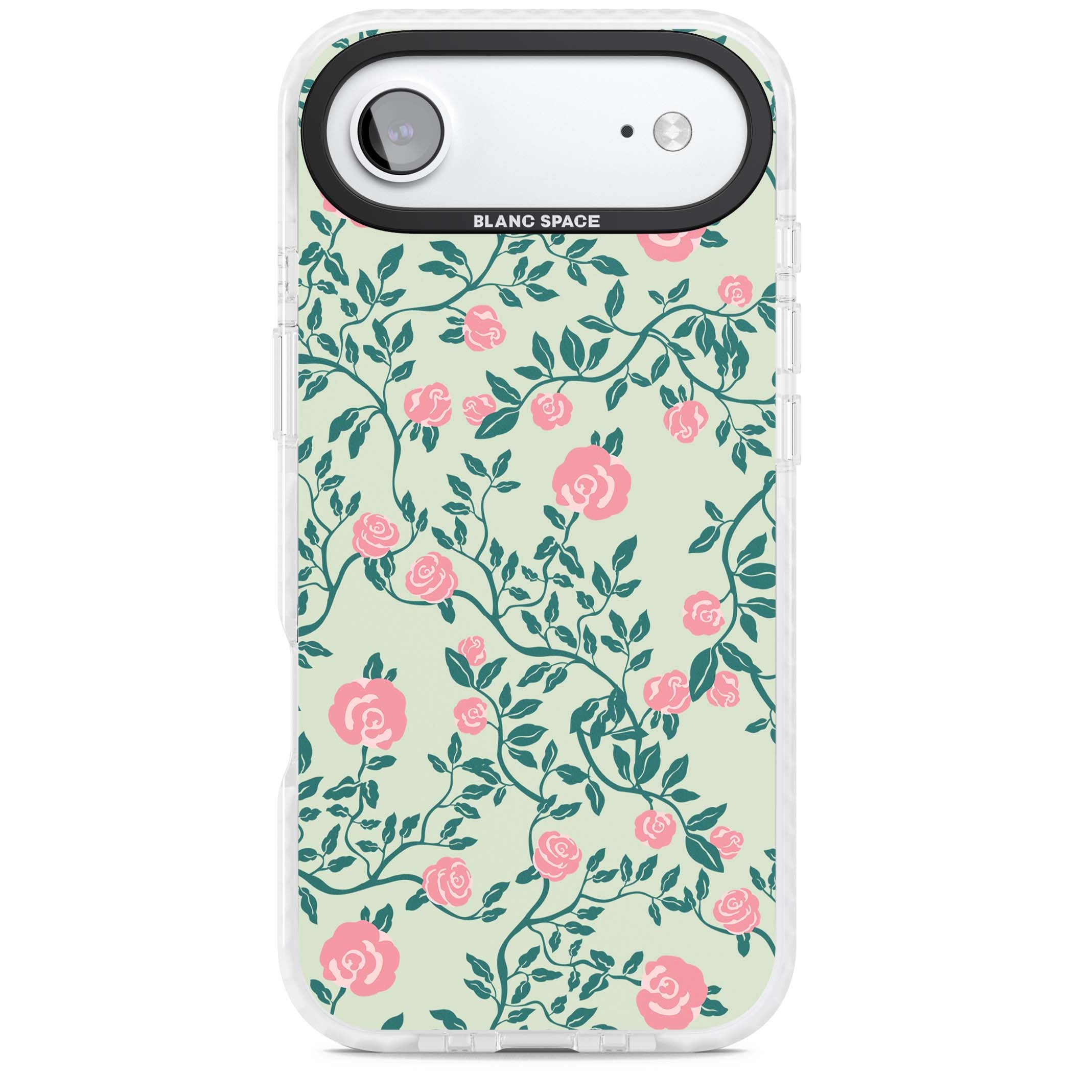 Rose Trellis cottagecore iPhone case featuring pink roses, sage green vines, and mint background | Impact Magsafe case for iPhone Air