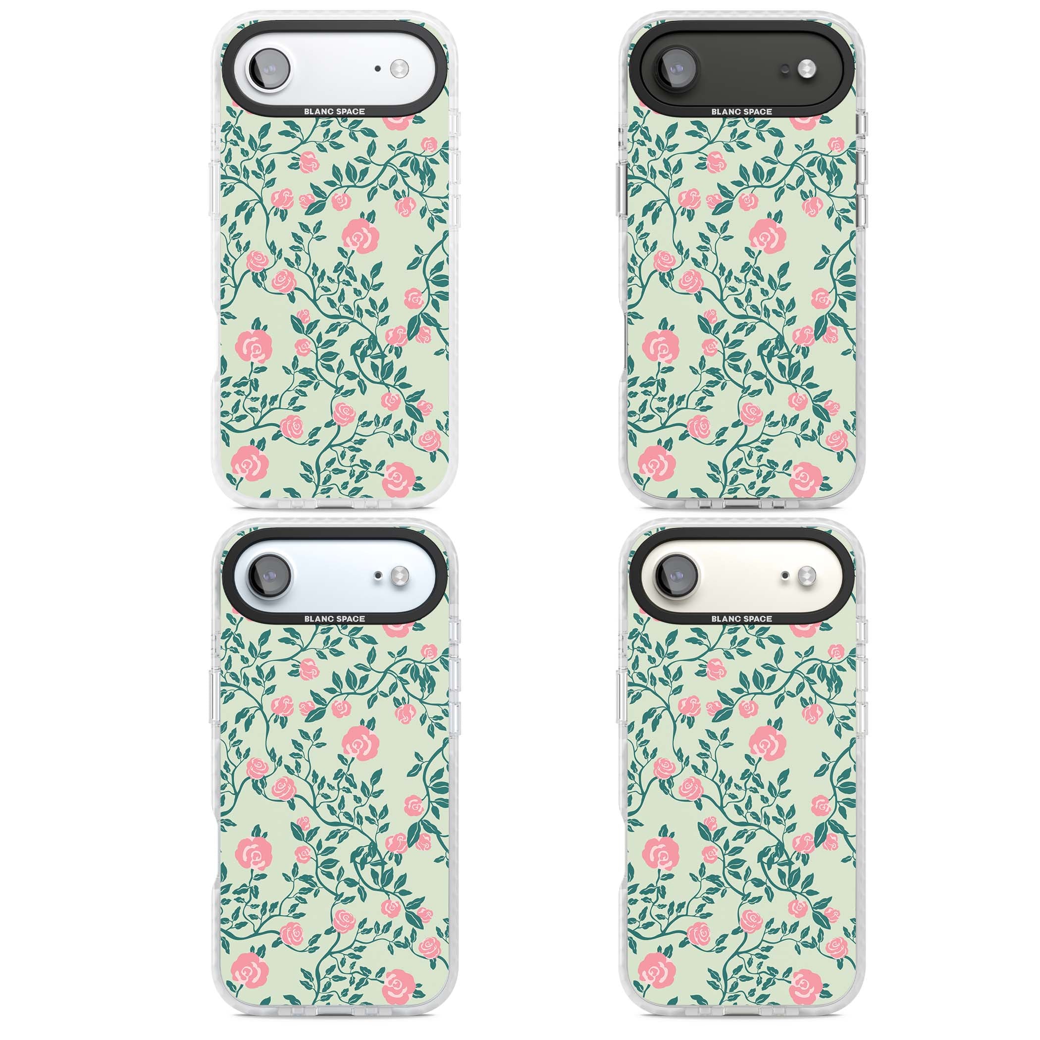 Rose Trellis cottagecore iPhone case featuring pink roses, sage green vines, and mint background | Impact Magsafe case for iPhone Air