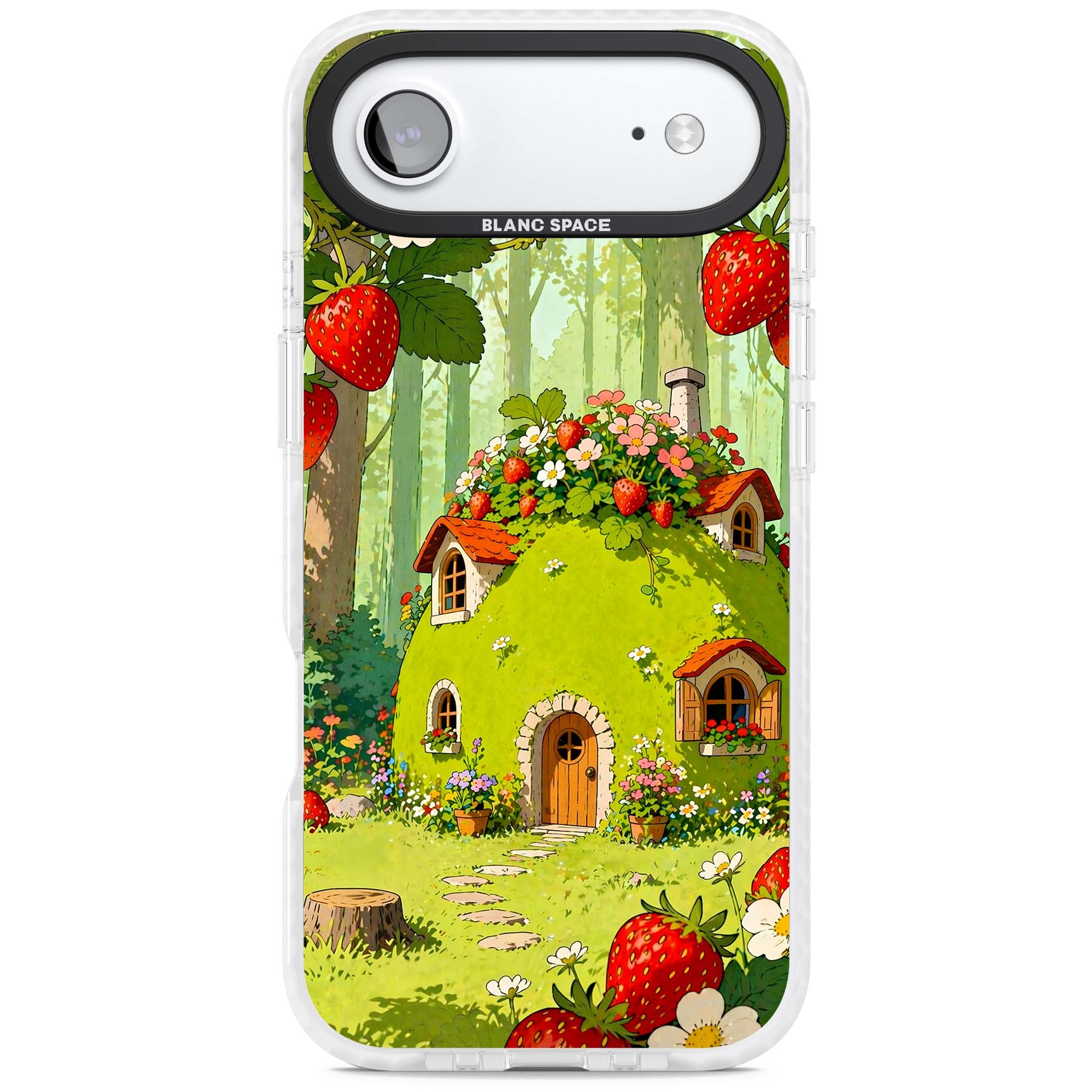 Strawberry Cottage cottagecore iPhone case featuring a green fairy house, wild strawberries and enchanted forest flowers | Impact Magsafe case for iPhone Air
