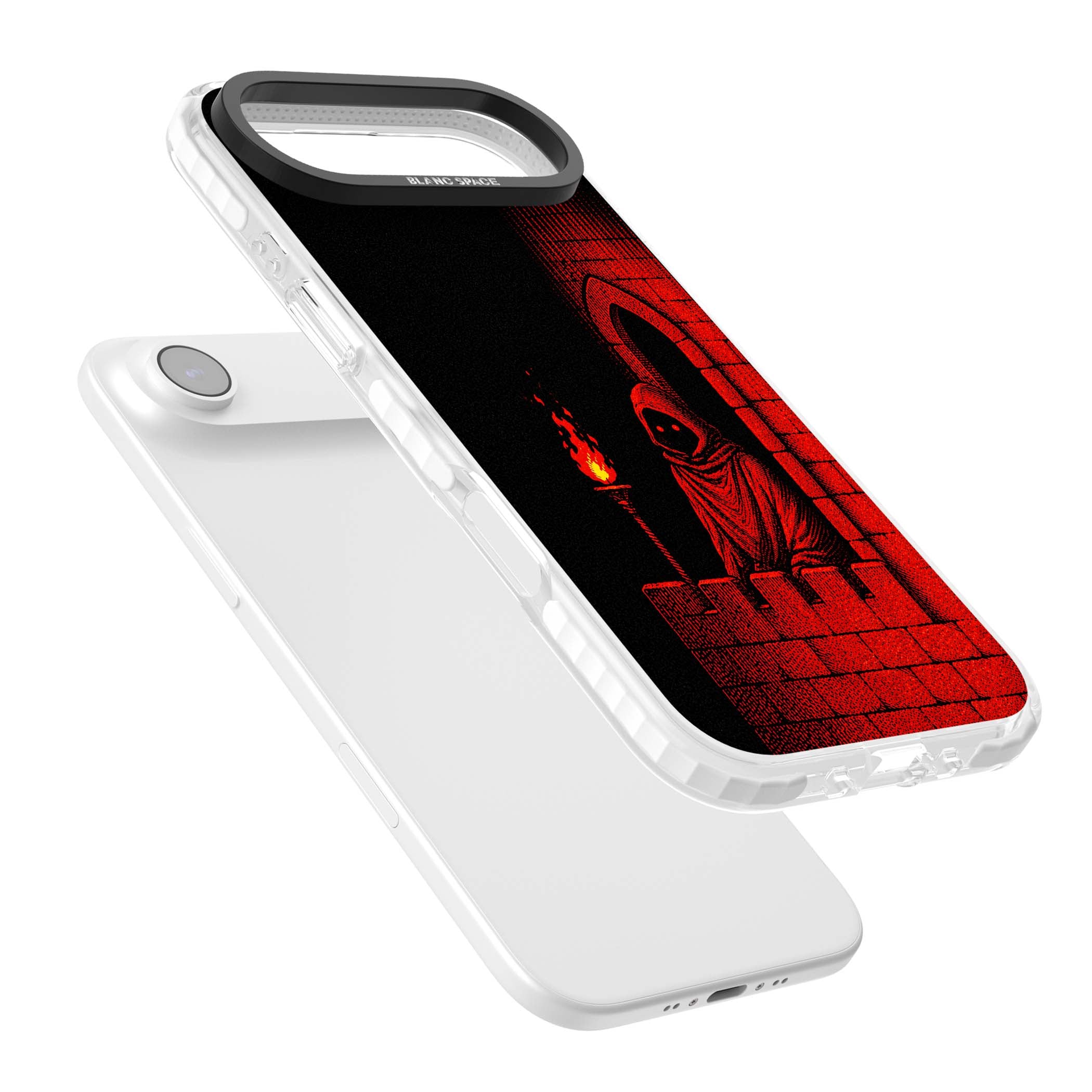 Crimson Crypt gothic iPhone case featuring a hooded reaper, torchlit crypt archway and red halftone horror art | Impact Magsafe case for iPhone Air