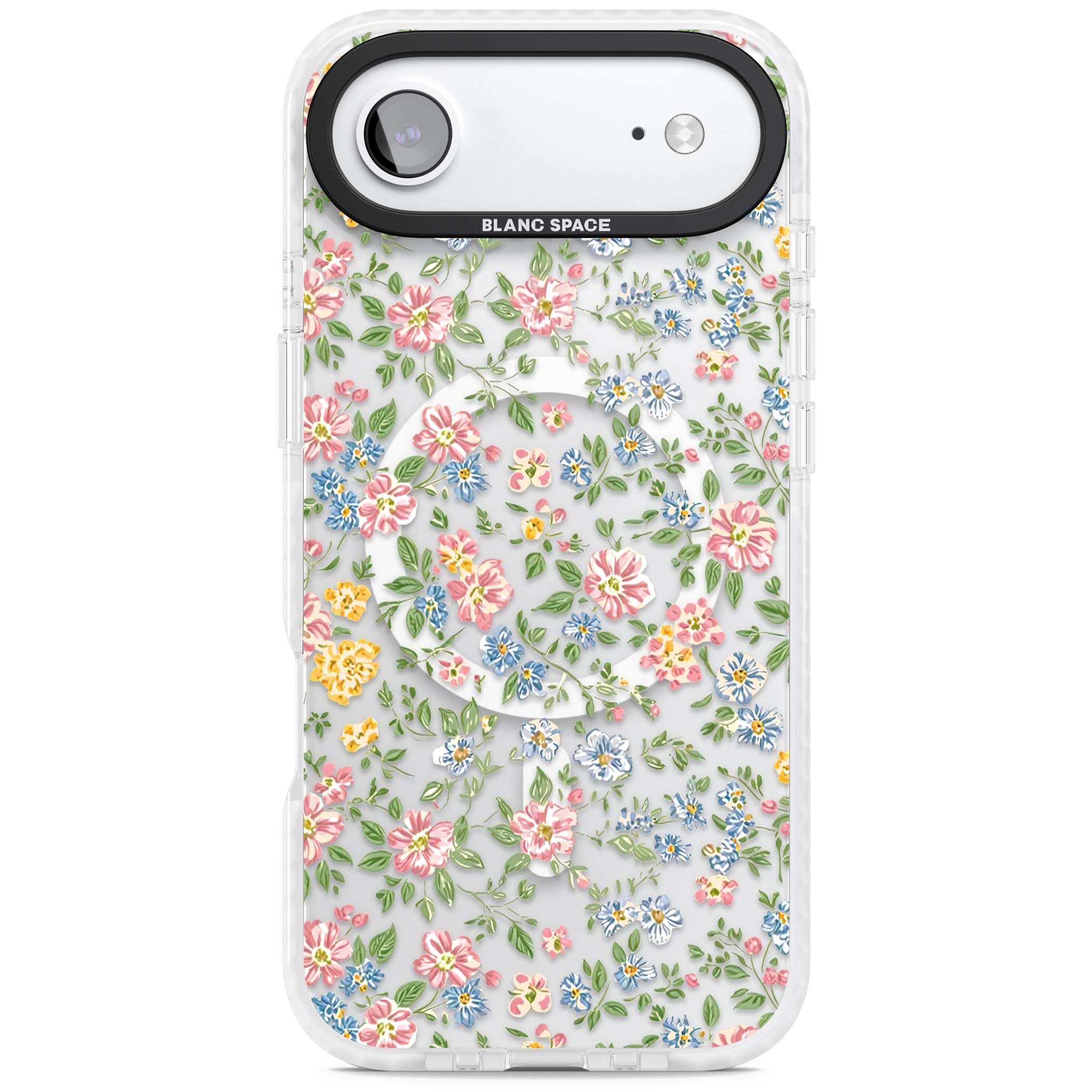 Soft Meadow cottagecore iPhone case featuring pink cosmos, blue forget-me-nots, yellow buttercups and green leaves sca | Impact Magsafe case for iPhone Air