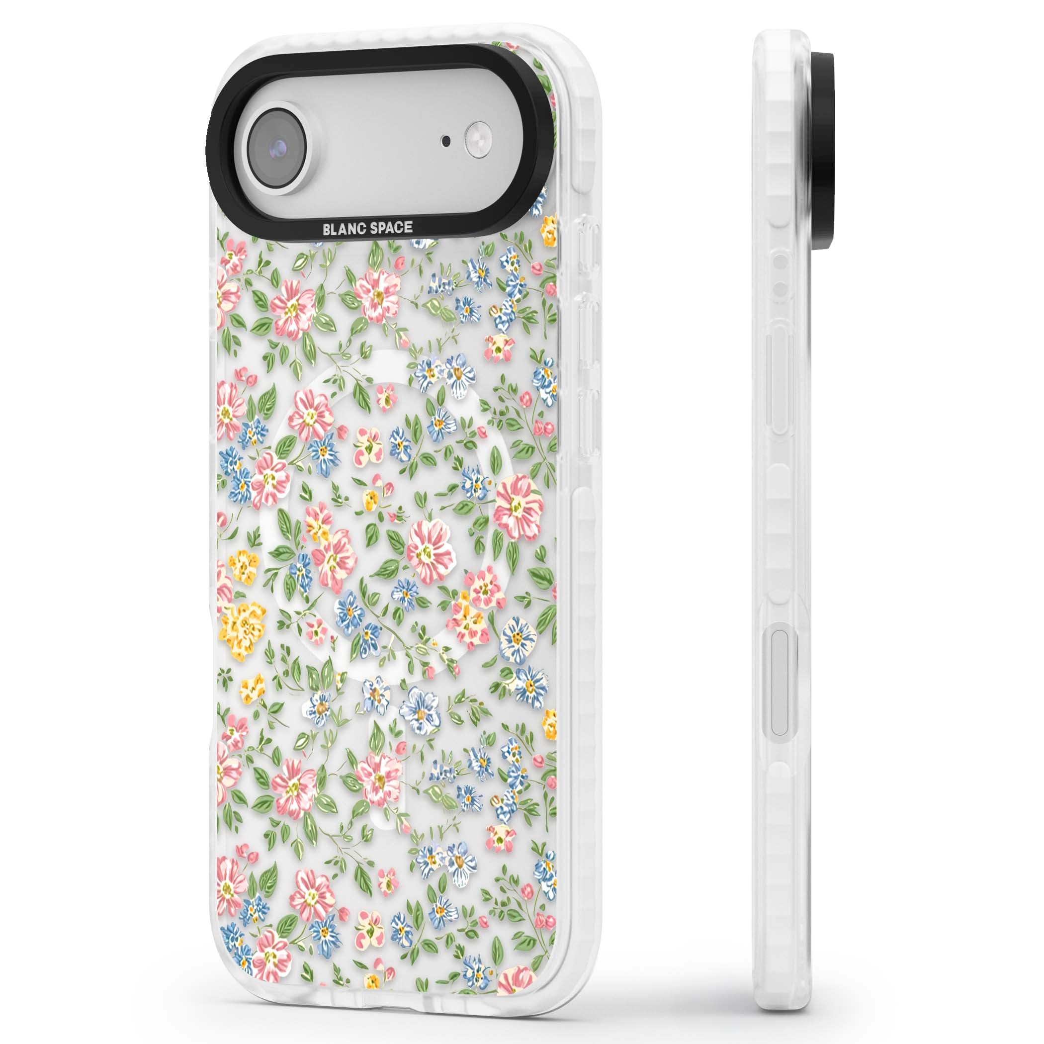 Soft Meadow cottagecore iPhone case featuring pink cosmos, blue forget-me-nots, yellow buttercups and green leaves sca | Impact Magsafe case for iPhone Air