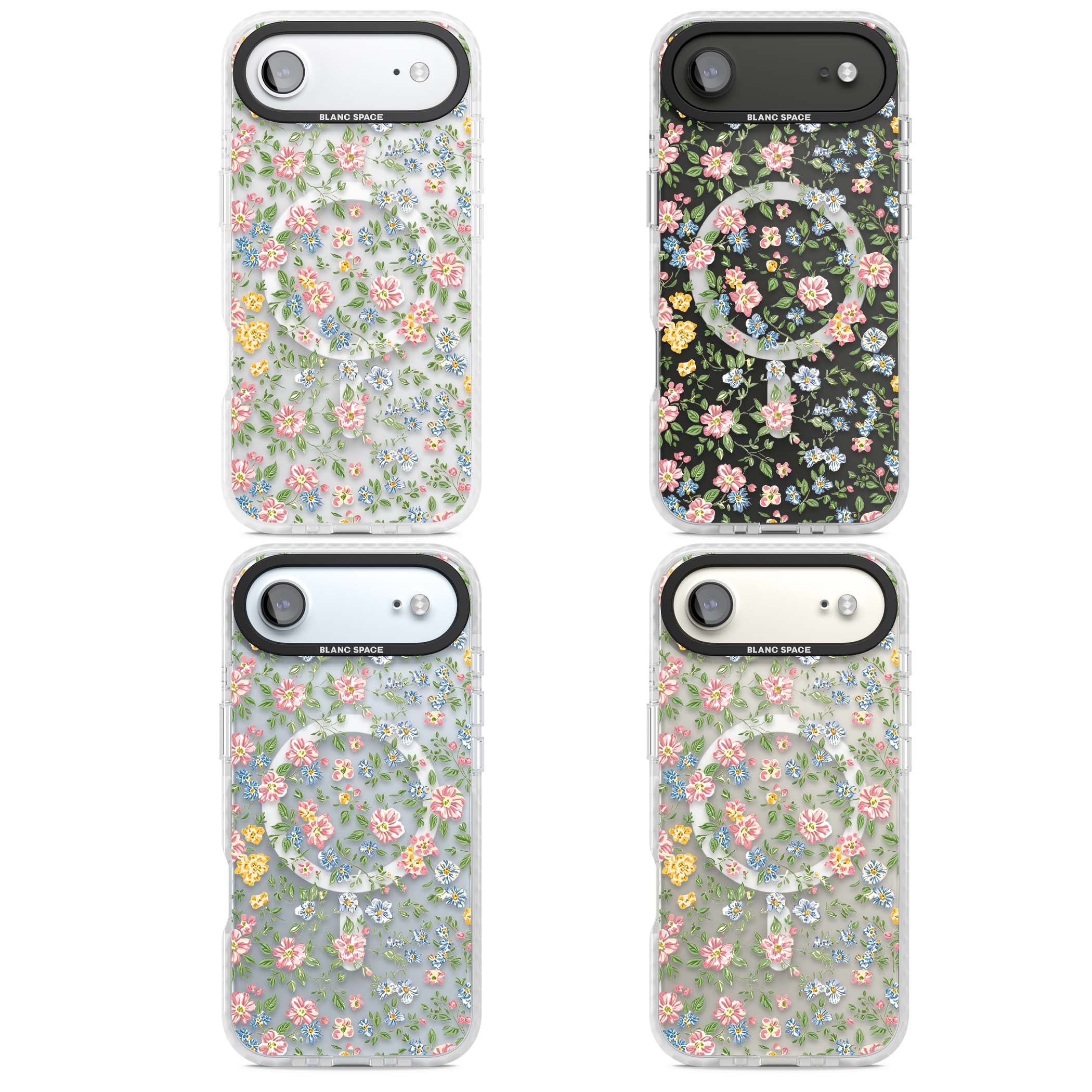 Soft Meadow cottagecore iPhone case featuring pink cosmos, blue forget-me-nots, yellow buttercups and green leaves sca | Impact Magsafe case for iPhone Air