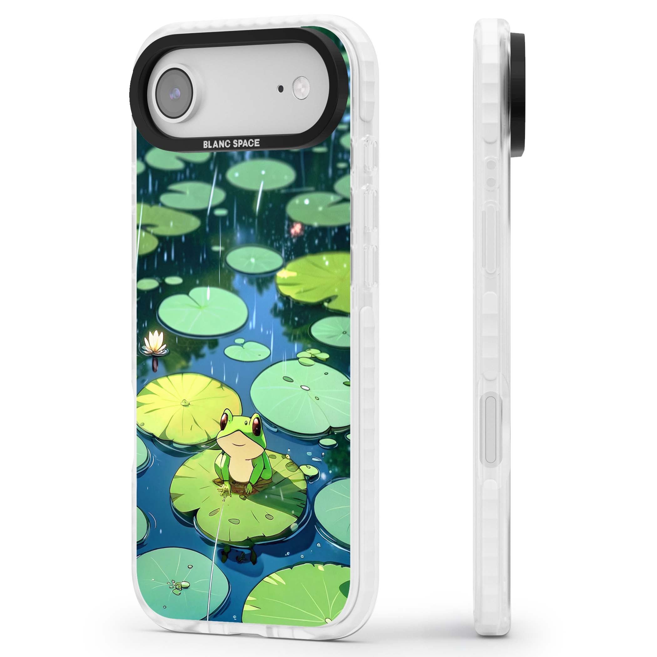 Frog In Lily Pond cottagecore iPhone case featuring a cute green frog on a lily pad with falling rain and a lotus flower | Impact Magsafe case for iPhone Air