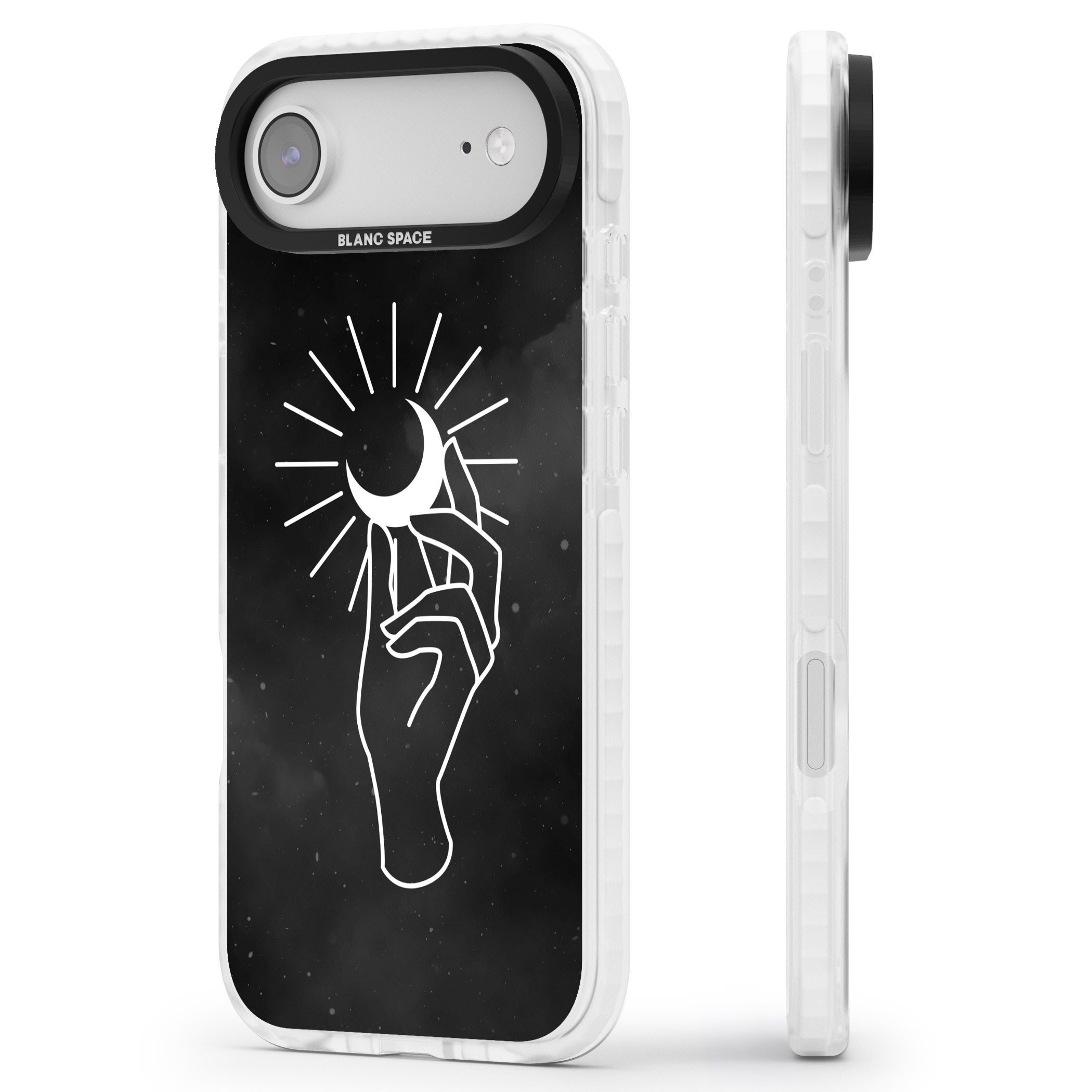 Hand Holding Celestial Moon iPhone 17 Air Impact Pro Clear Phone Case Side Profile