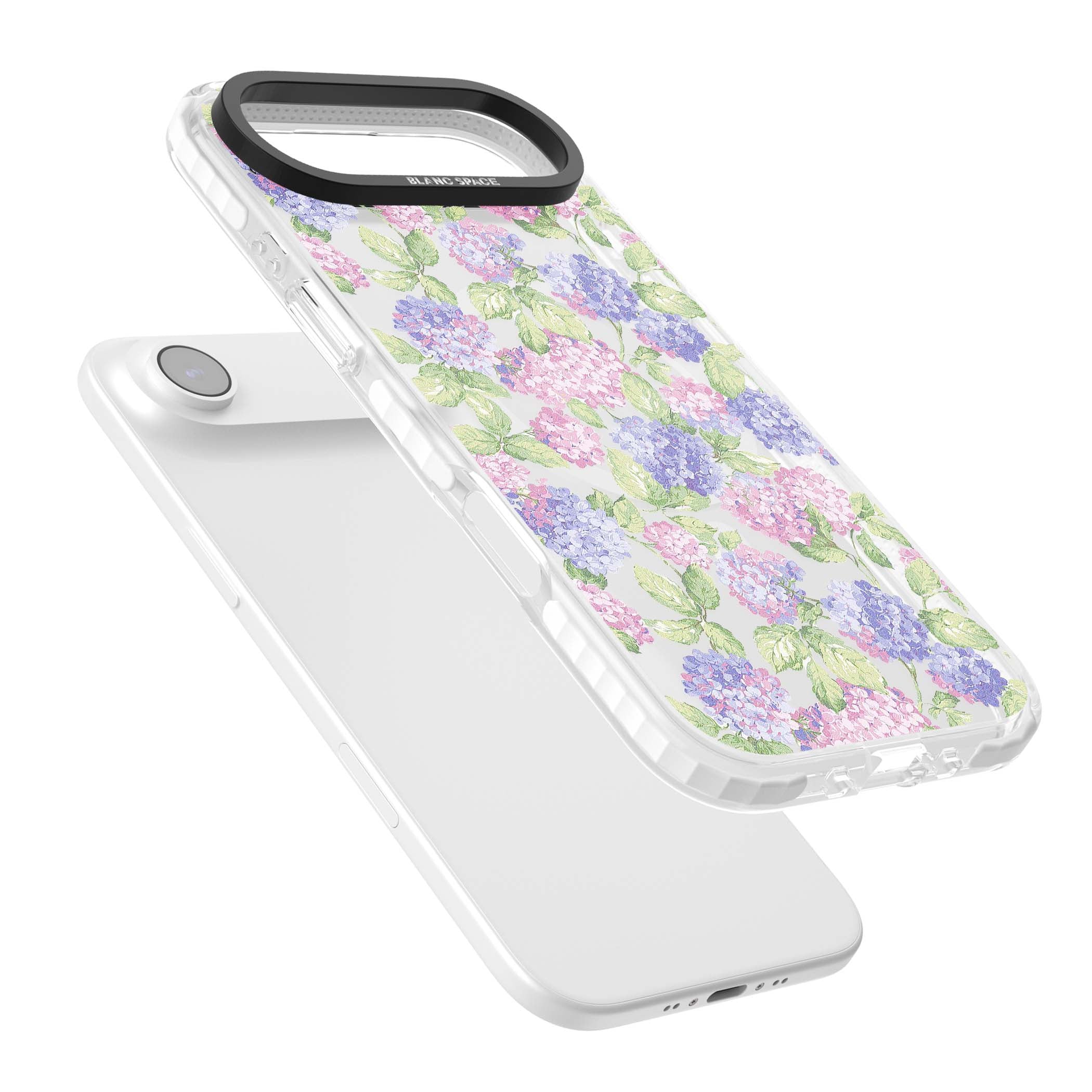 Cottage Hydrangea cottagecore iPhone case featuring pink and purple hydrangea blooms with green leaves on a clear background | Impact Magsafe case for iPhone Air