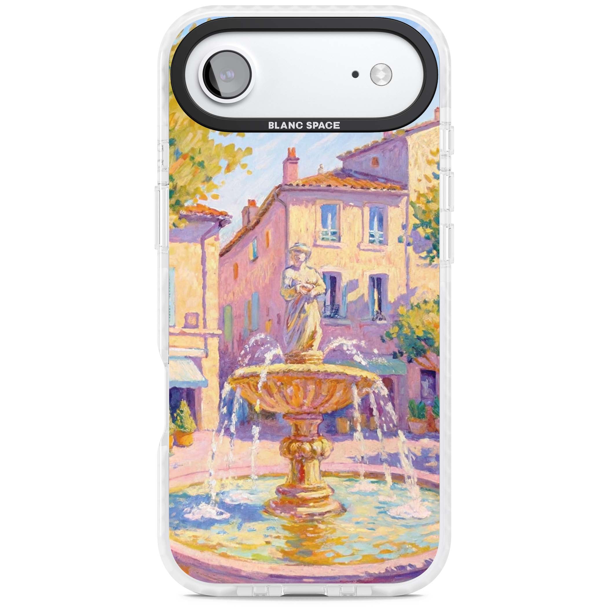Fountain Square fine art iPhone case featuring an impressionist Provençal fountain, pastel village buildings and summe | Impact Magsafe case for iPhone Air