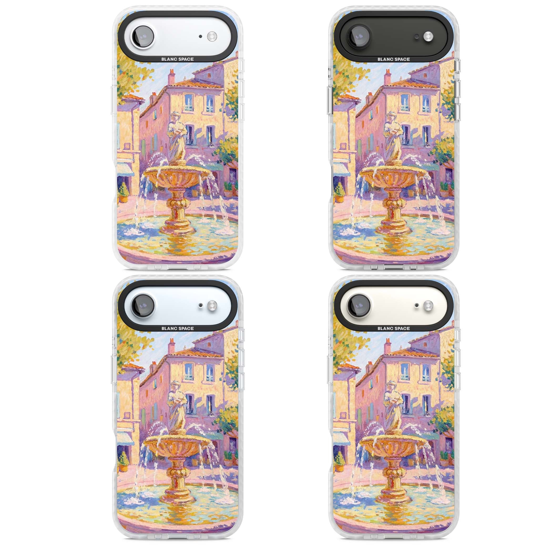Fountain Square fine art iPhone case featuring an impressionist Provençal fountain, pastel village buildings and summe | Impact Magsafe case for iPhone Air