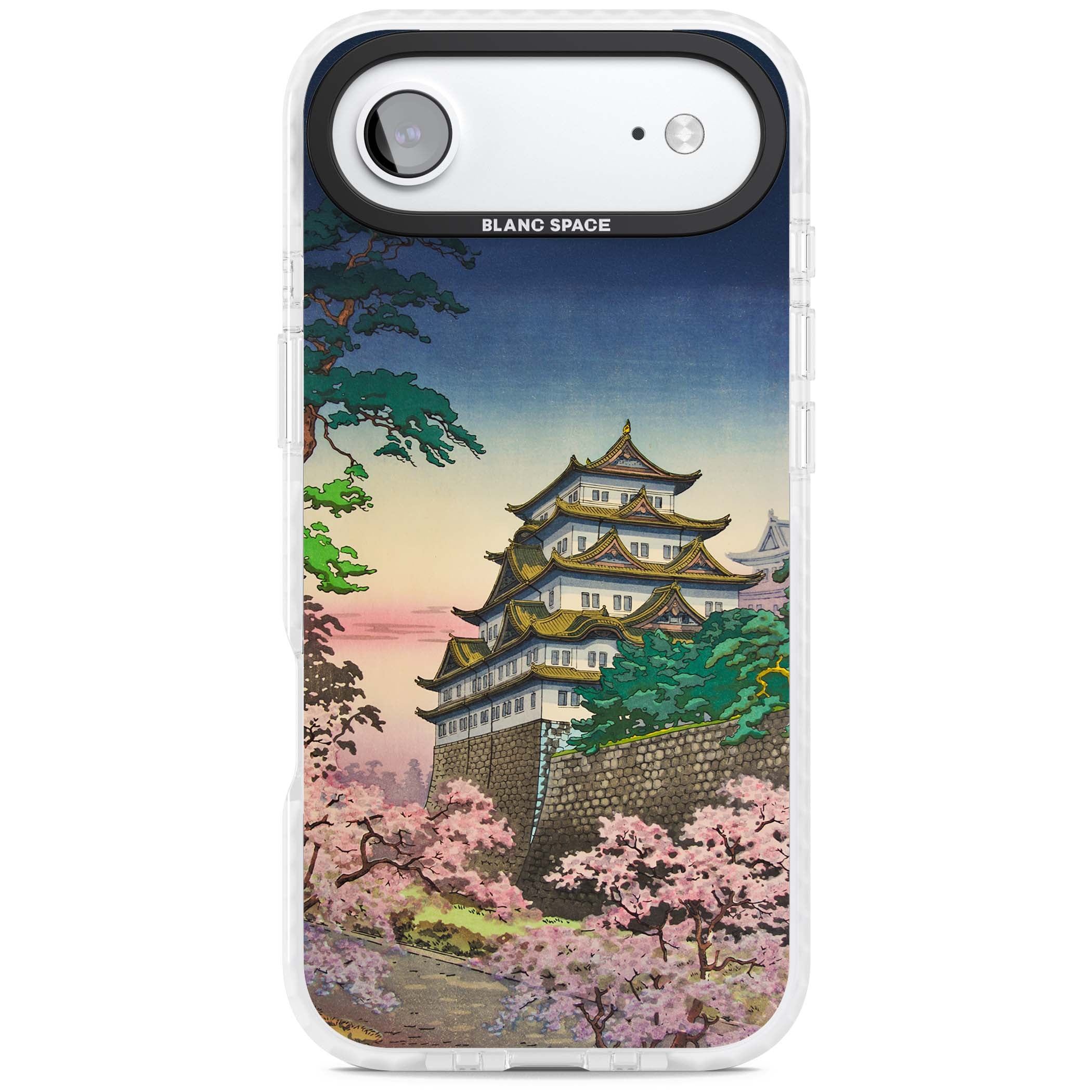 Nagoya Castle Japanese iPhone case featuring a vintage pagoda, twilight sky and cherry blossom trees | Impact Magsafe case for iPhone Air
