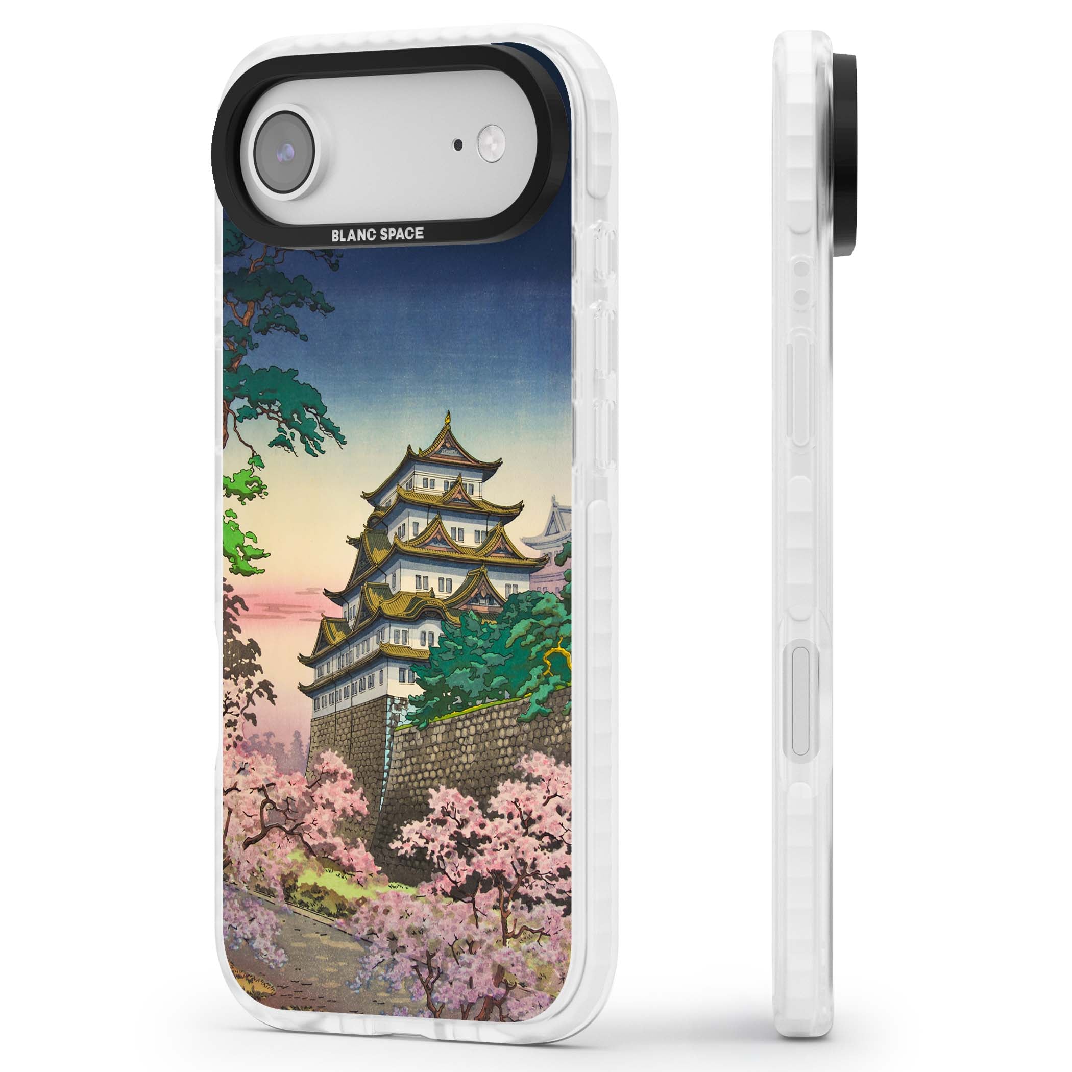 Nagoya Castle Japanese iPhone case featuring a vintage pagoda, twilight sky and cherry blossom trees | Impact Magsafe case for iPhone Air