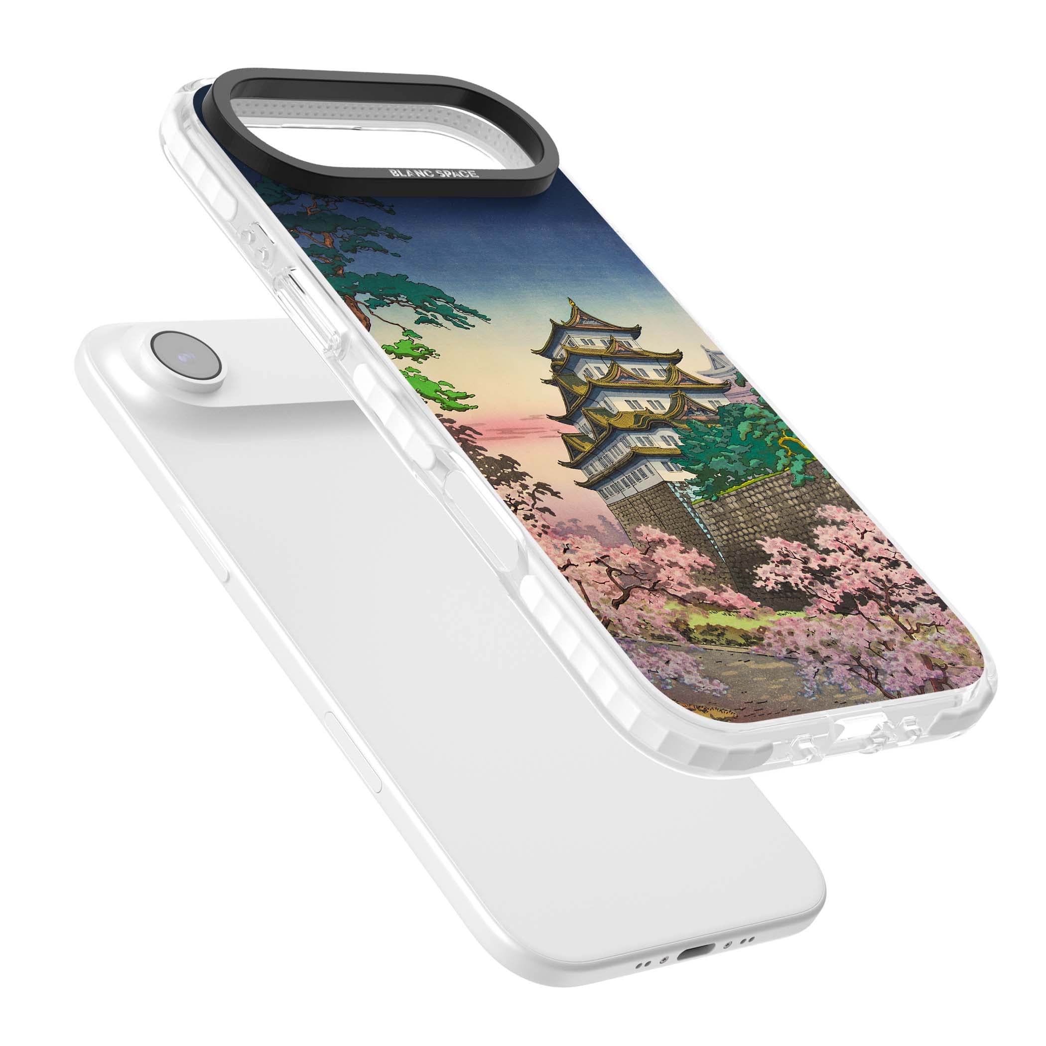 Nagoya Castle Japanese iPhone case featuring a vintage pagoda, twilight sky and cherry blossom trees | Impact Magsafe case for iPhone Air