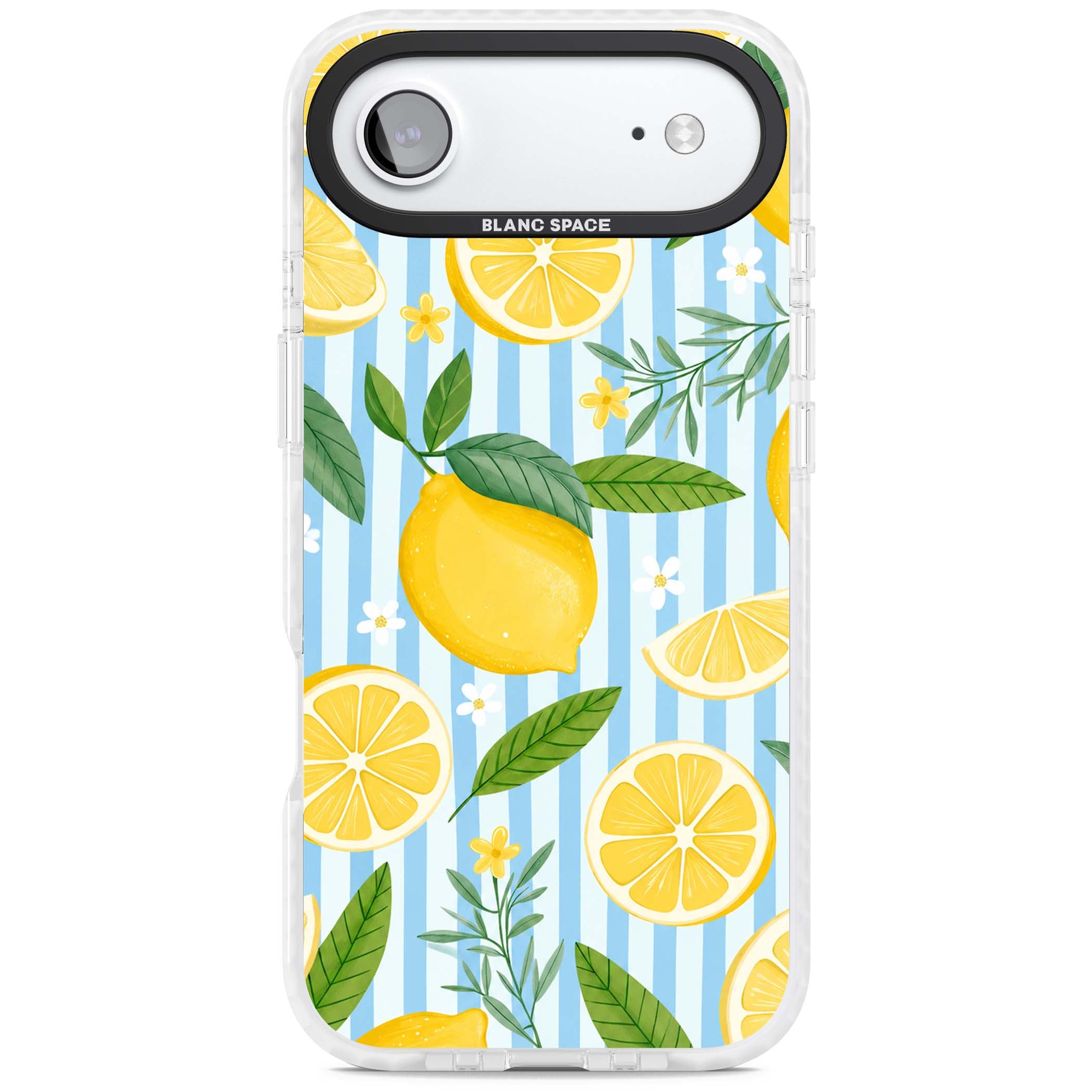 Capri Citrus Stripe coastal iPhone case featuring yellow lemons, blue stripes, and white daisy blossoms | Impact Magsafe case for iPhone Air