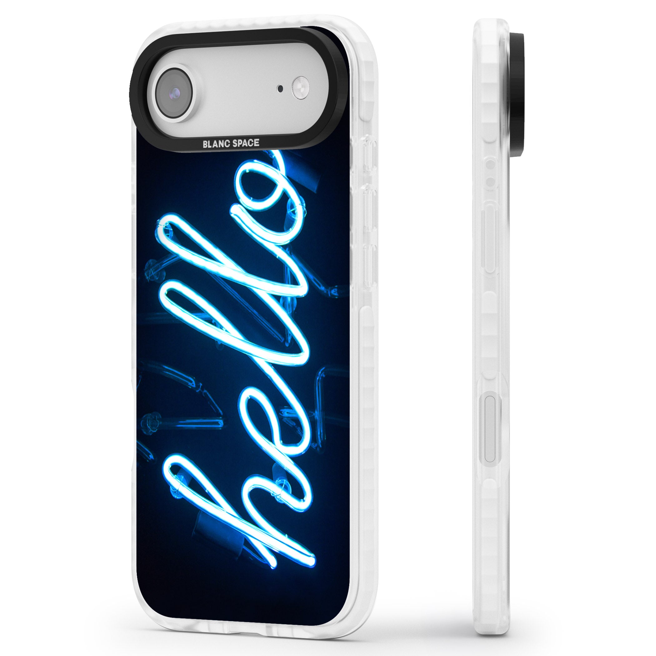 Hello Neon Sign iPhone 17 Air Impact Pro Clear Phone Case Side Profile