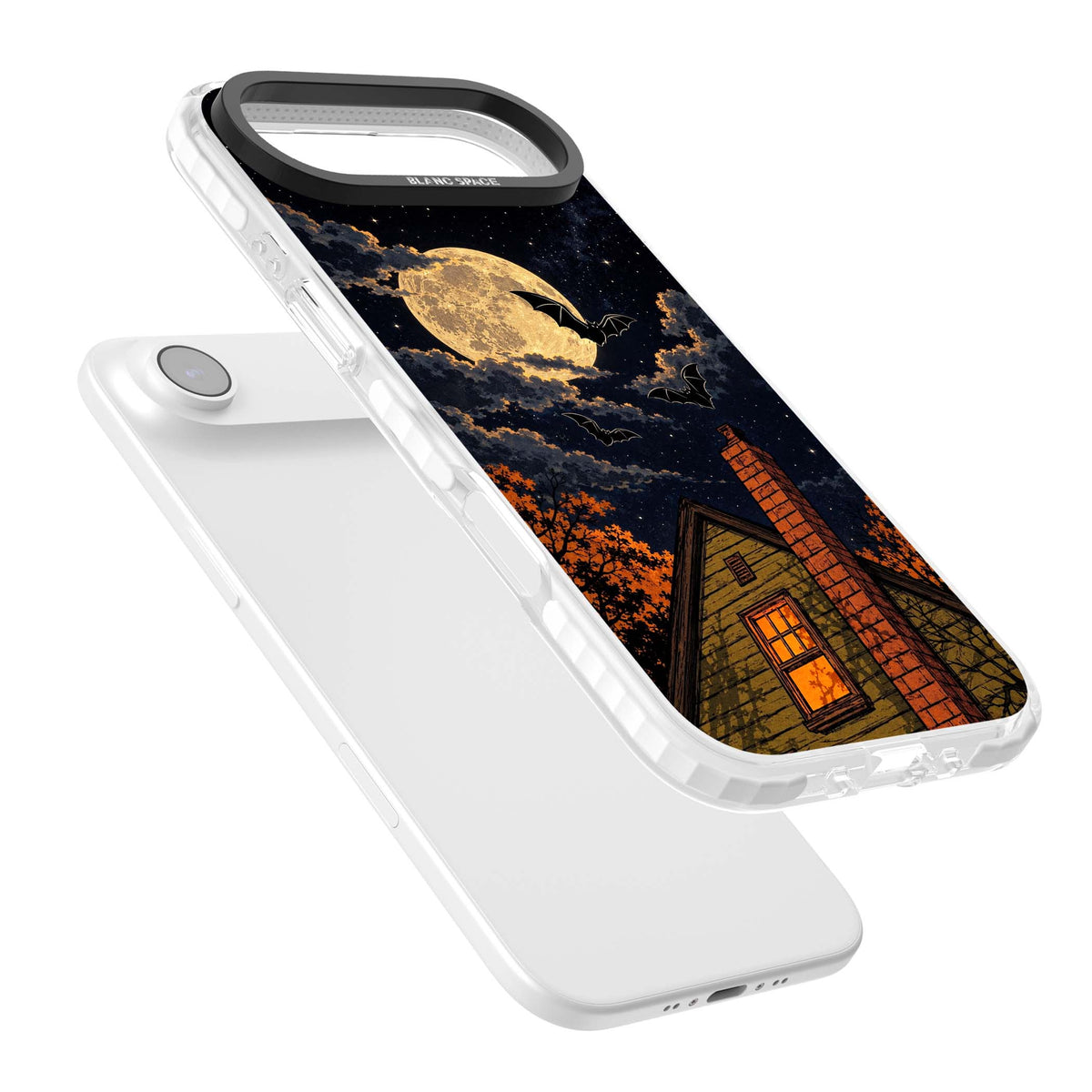 Hollows Eve Halloween iPhone case featuring a haunted house, full moon and flying bats against a starry autumn sky | Impact Magsafe case for iPhone Air