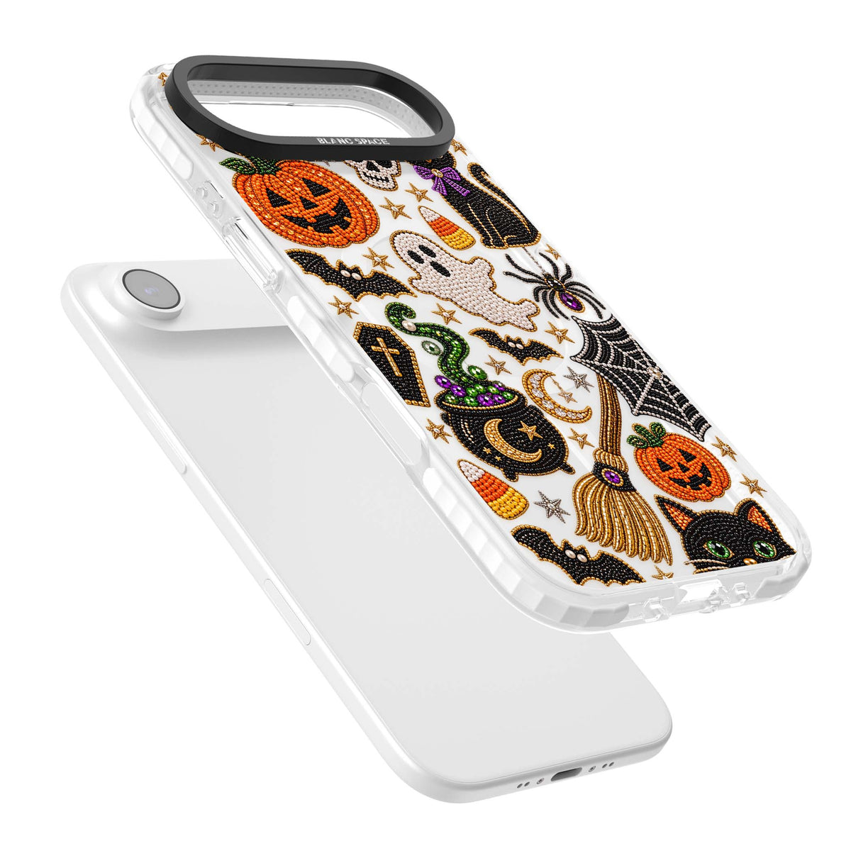 Beaded Halloween Halloween iPhone case featuring beaded pumpkins, ghosts, black cats and bats | Impact Magsafe case for iPhone Air