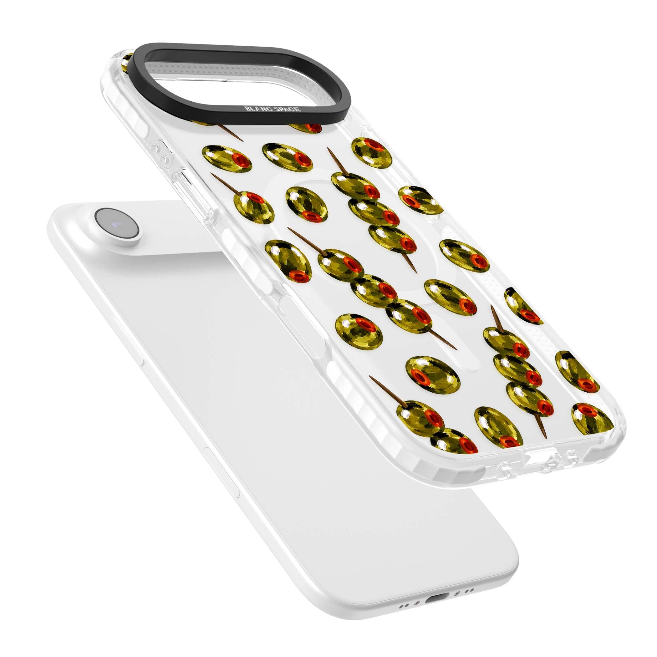 Painted Olives cocktail iPhone case featuring green olives, pimento centres and toothpick skewers on a clear background | Impact Magsafe case for iPhone Air