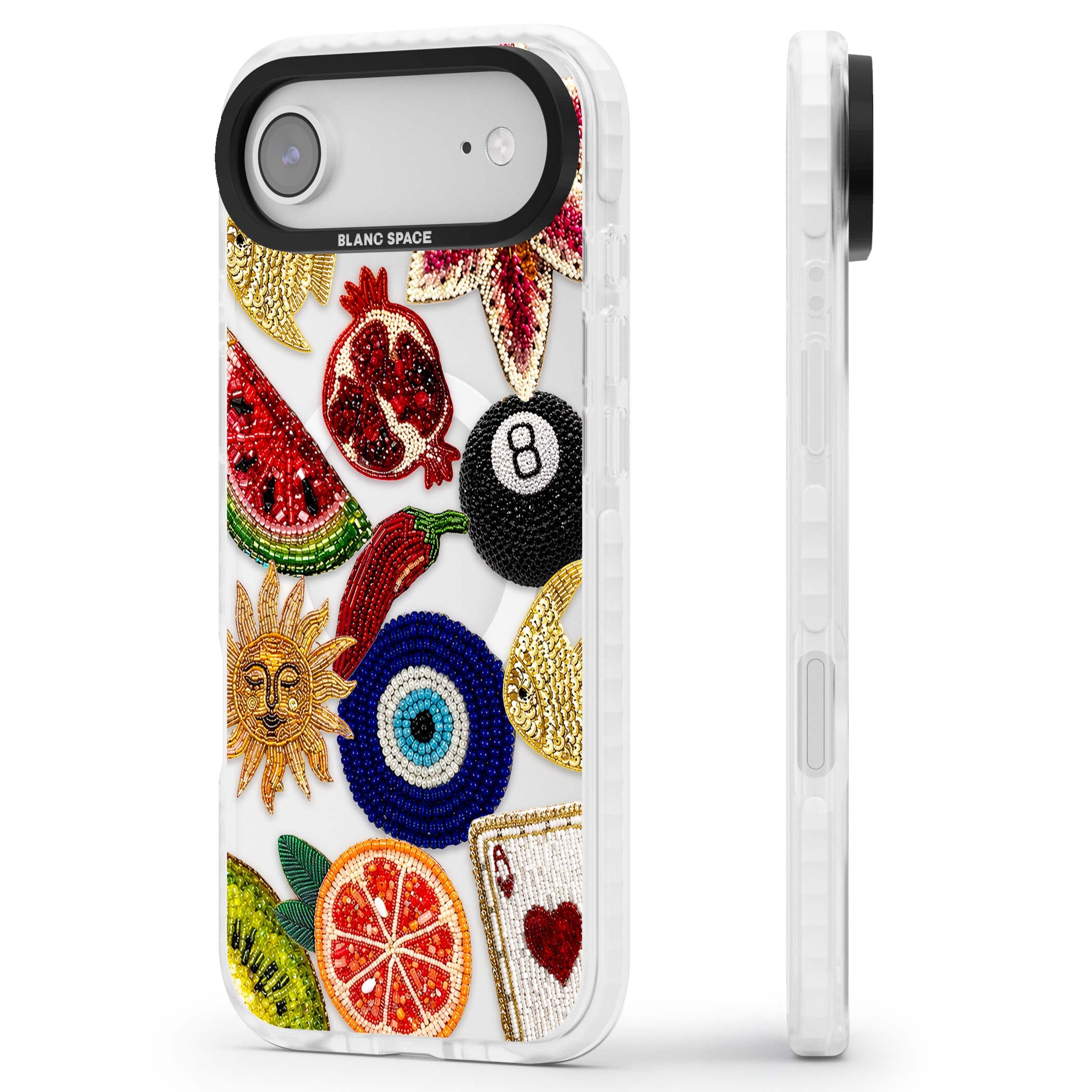 Beaded Charms embroidery iPhone case featuring beaded evil eye, fruit patches and a golden sun motif | Impact Magsafe case for iPhone Air