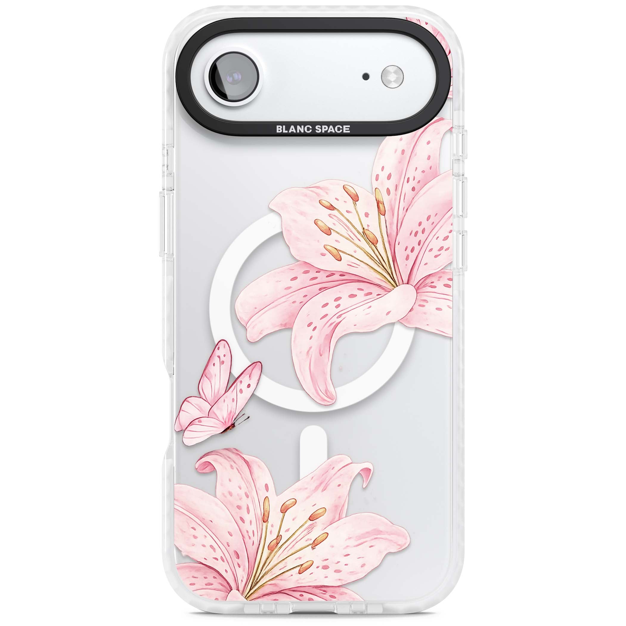 Lily Whisper floral iPhone case featuring pink watercolour lilies and delicate butterflies on a clear background | Impact Magsafe case for iPhone Air
