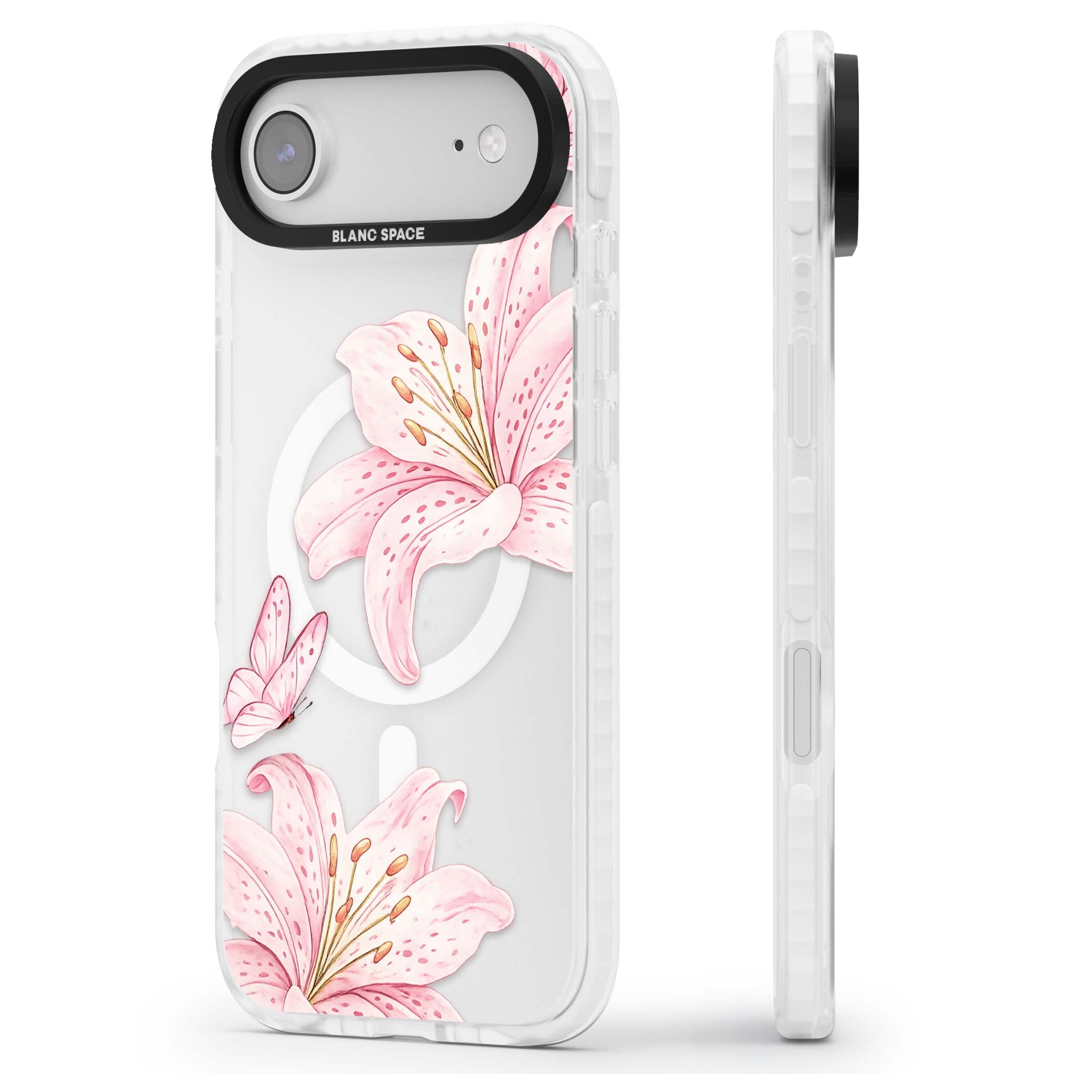 Lily Whisper floral iPhone case featuring pink watercolour lilies and delicate butterflies on a clear background | Impact Magsafe case for iPhone Air