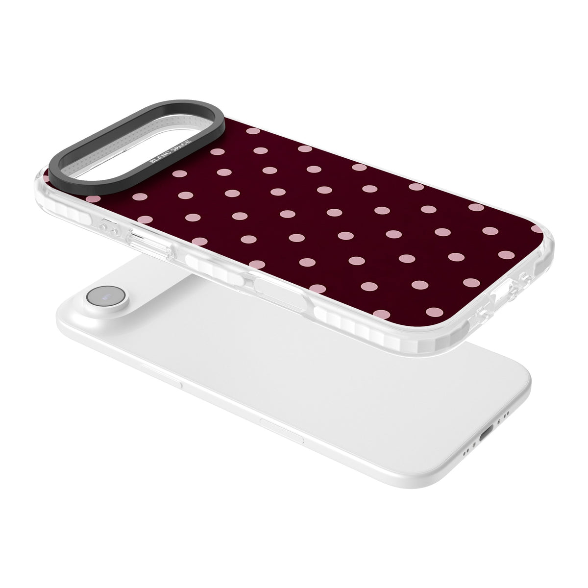 Merlot Dots polka dot iPhone case featuring dusty pink spots on a deep burgundy background in a retro grid iPhone Air / iPhone 17 Air Impact Pro Clear Phone Case angled