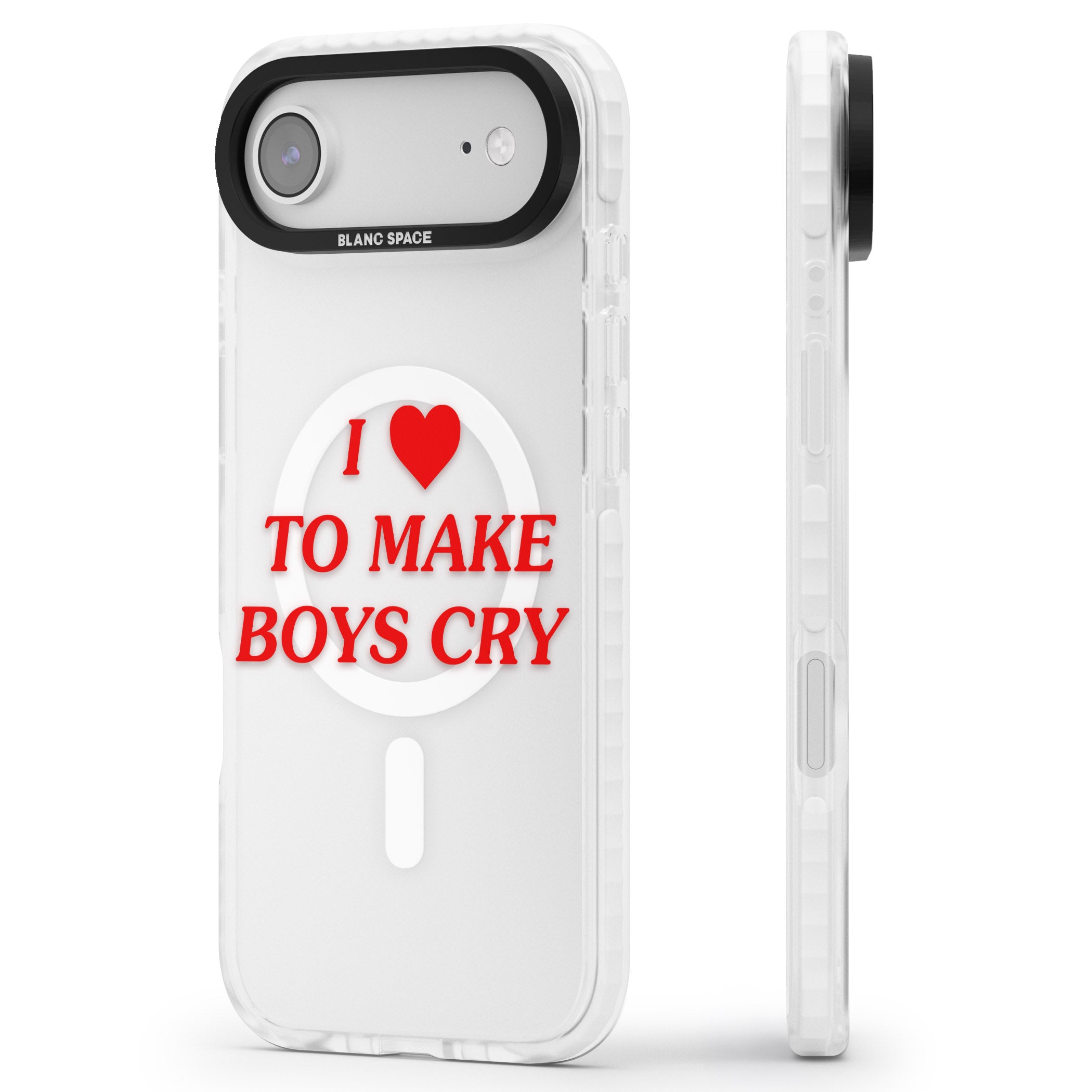 I Love To Make Boys Cry iPhone 17 Air Impact Pro Clear Phone Case Side Profile