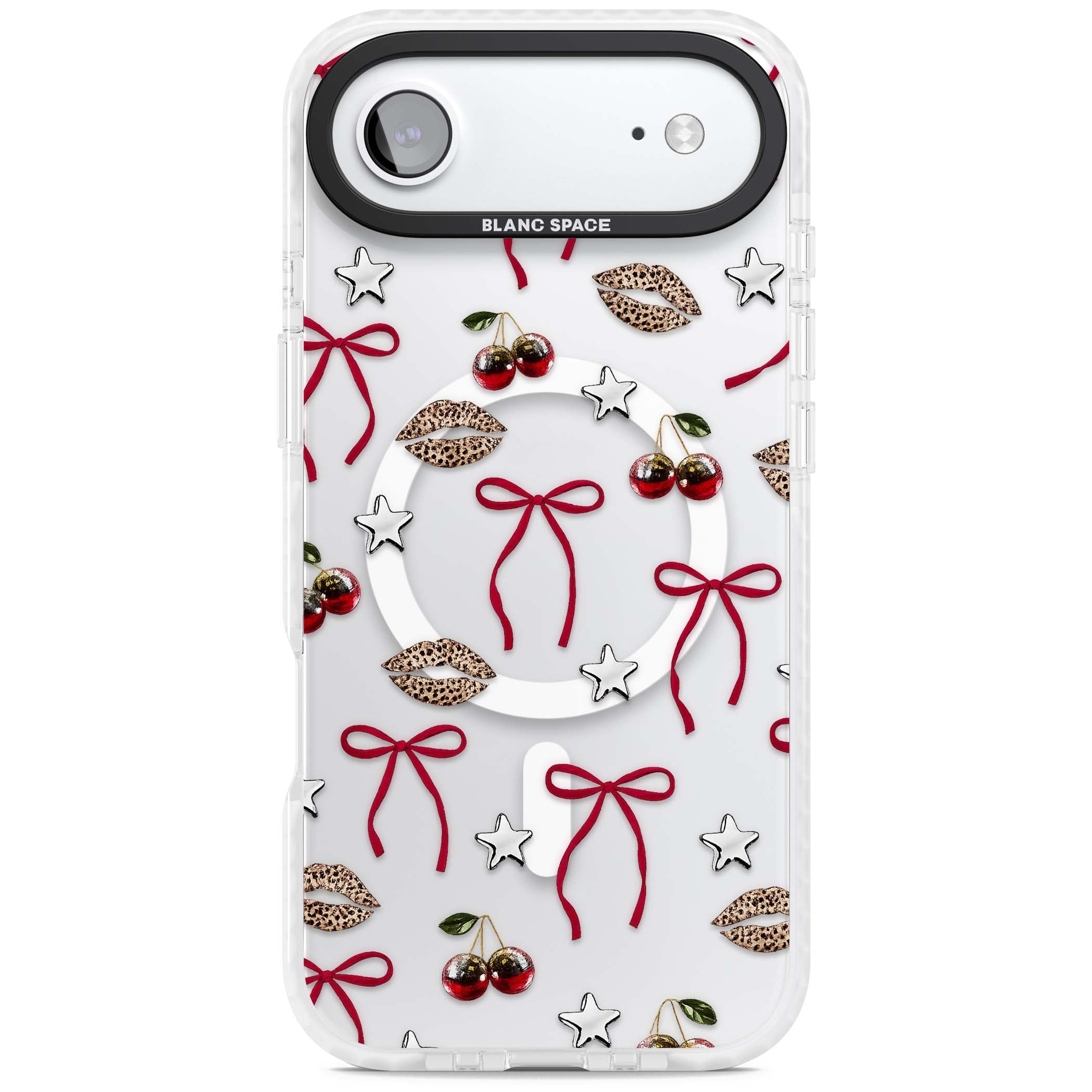 Starlet coquette iPhone case featuring red ribbon bows, disco cherries and leopard-print lips | Impact Magsafe case for iPhone Air