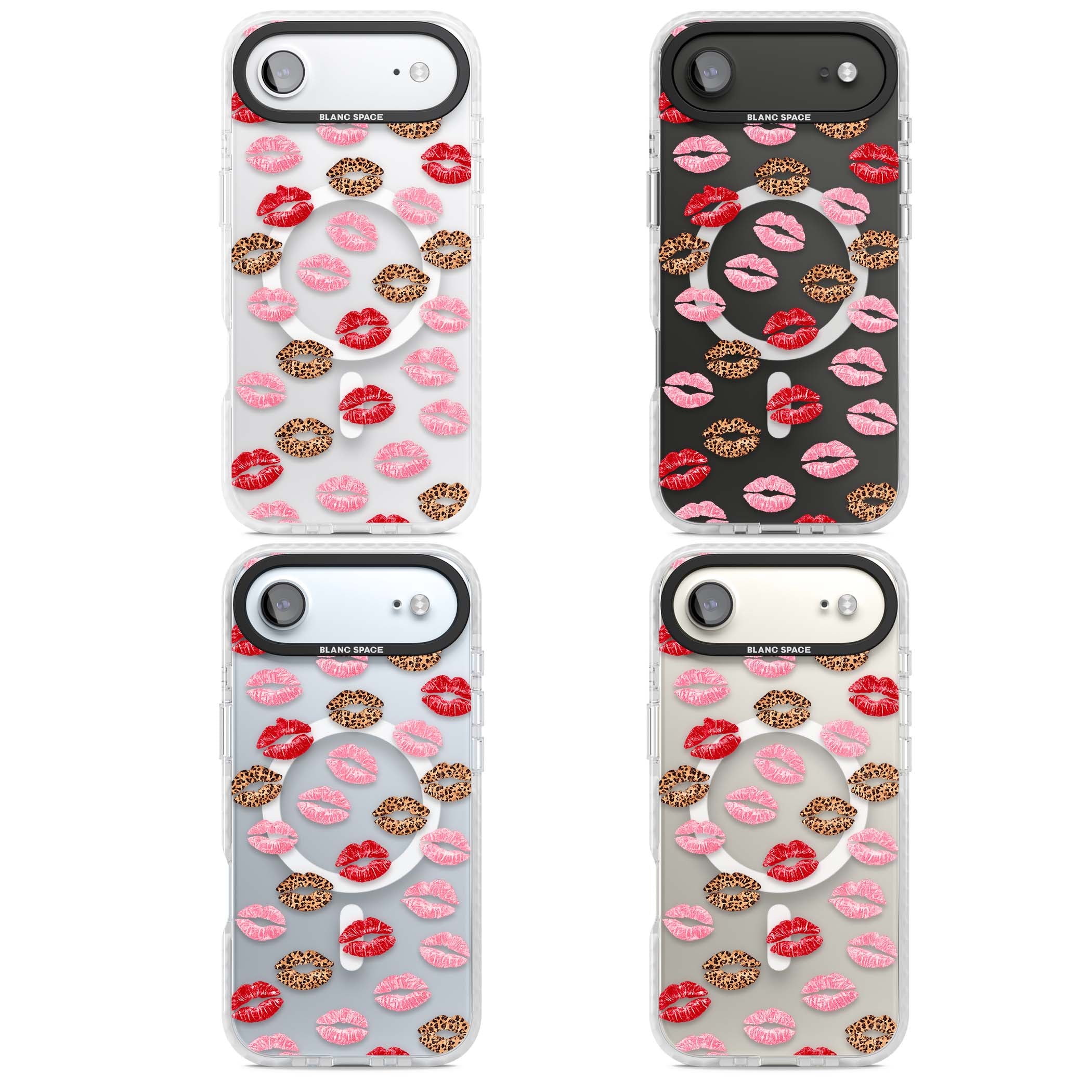 Wild Kisses coquette iPhone case featuring red, pink and leopard print lipstick kiss marks on a clear background | Impact Magsafe case for iPhone Air