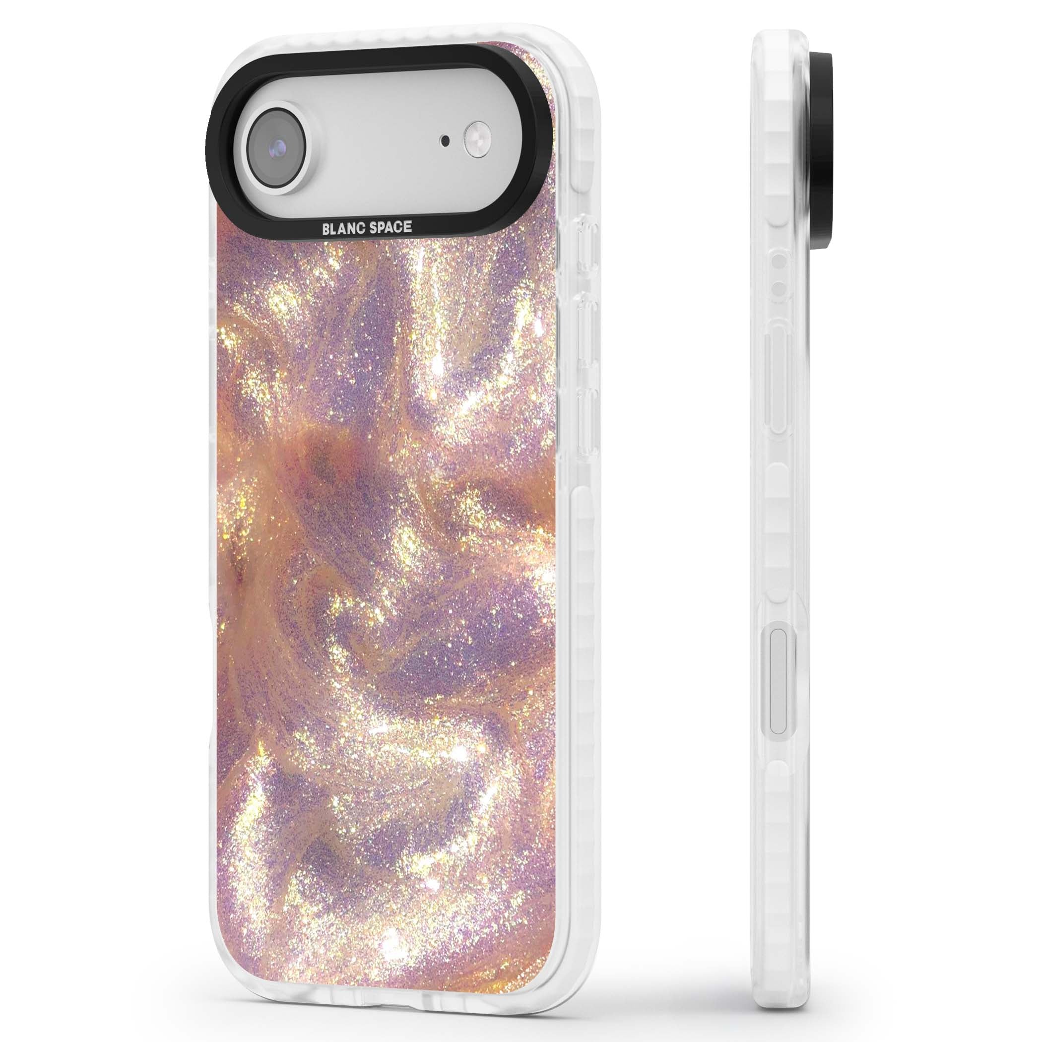 Shimmer marble iPhone case featuring rose gold glitter swirls, lilac shimmer and iridescent pearl finish | Impact Magsafe case for iPhone Air