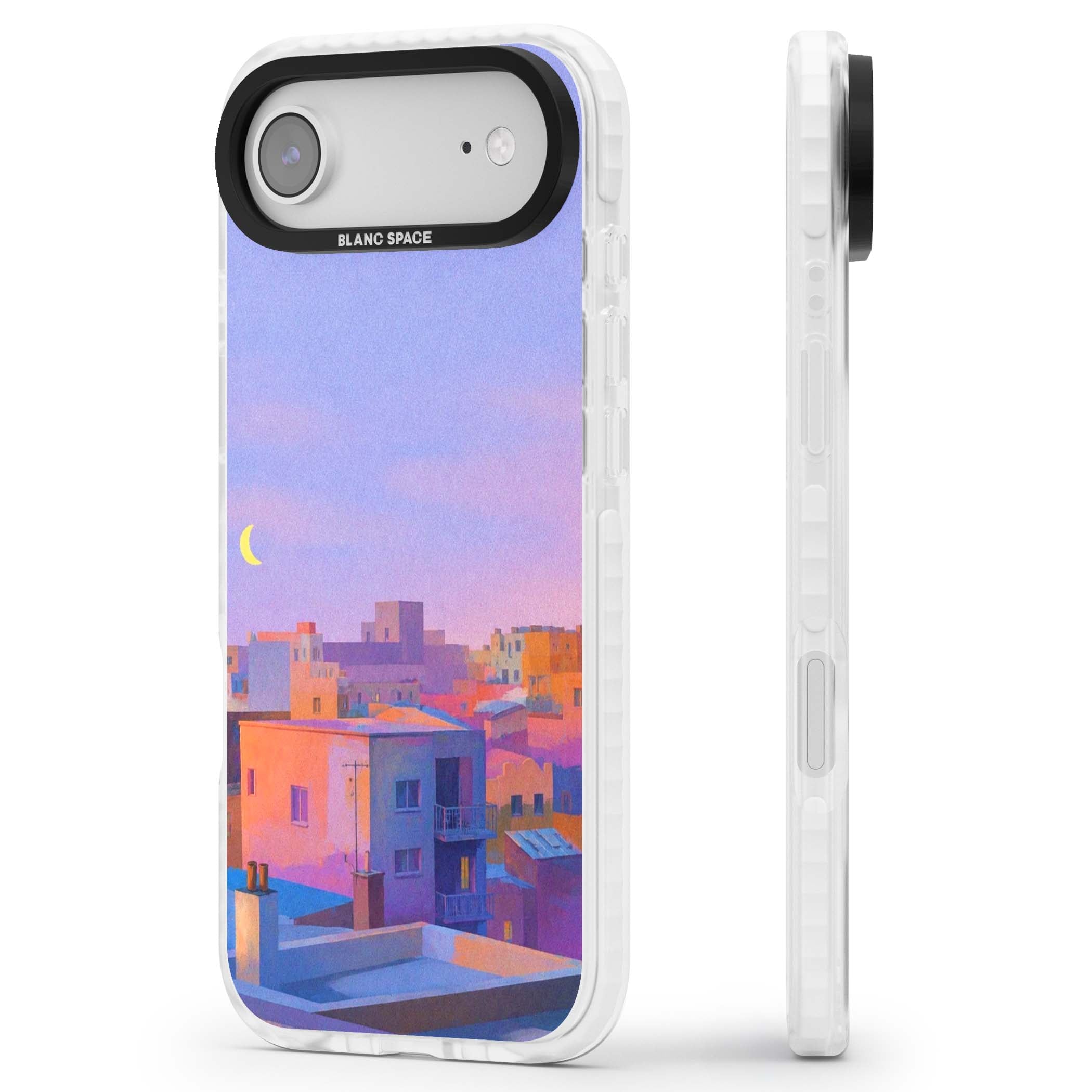 Twilight Rooftops vaporwave iPhone case featuring a pastel sunset cityscape, painted rooftops and a crescent moon. | Impact Magsafe case for iPhone Air