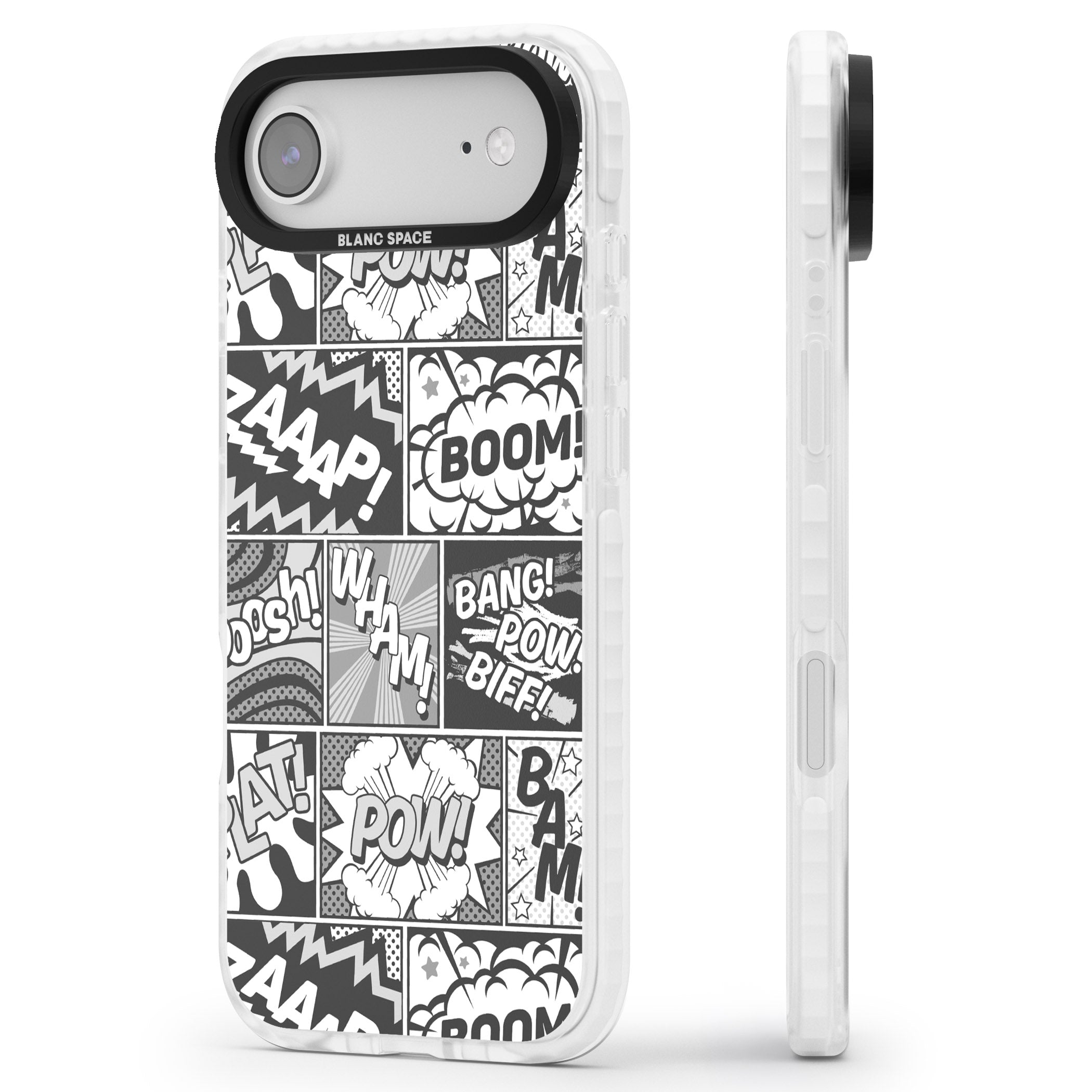 Onomatopoeia (Black & White) iPhone 17 Air Impact Pro Clear Phone Case Side Profile