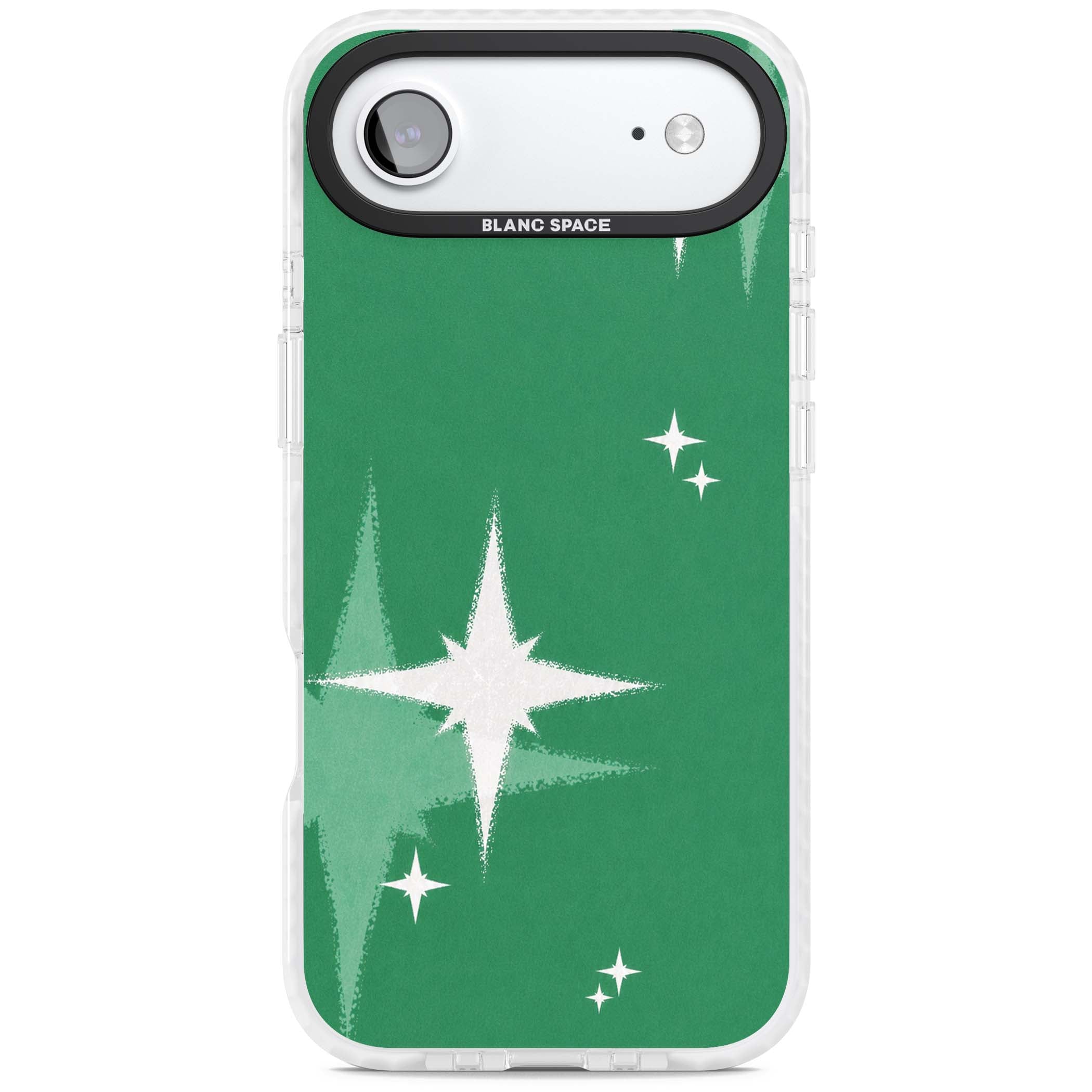 Green Sparkle celestial iPhone case featuring sparkling white four-point stars on a deep green background | Impact Magsafe case for iPhone Air