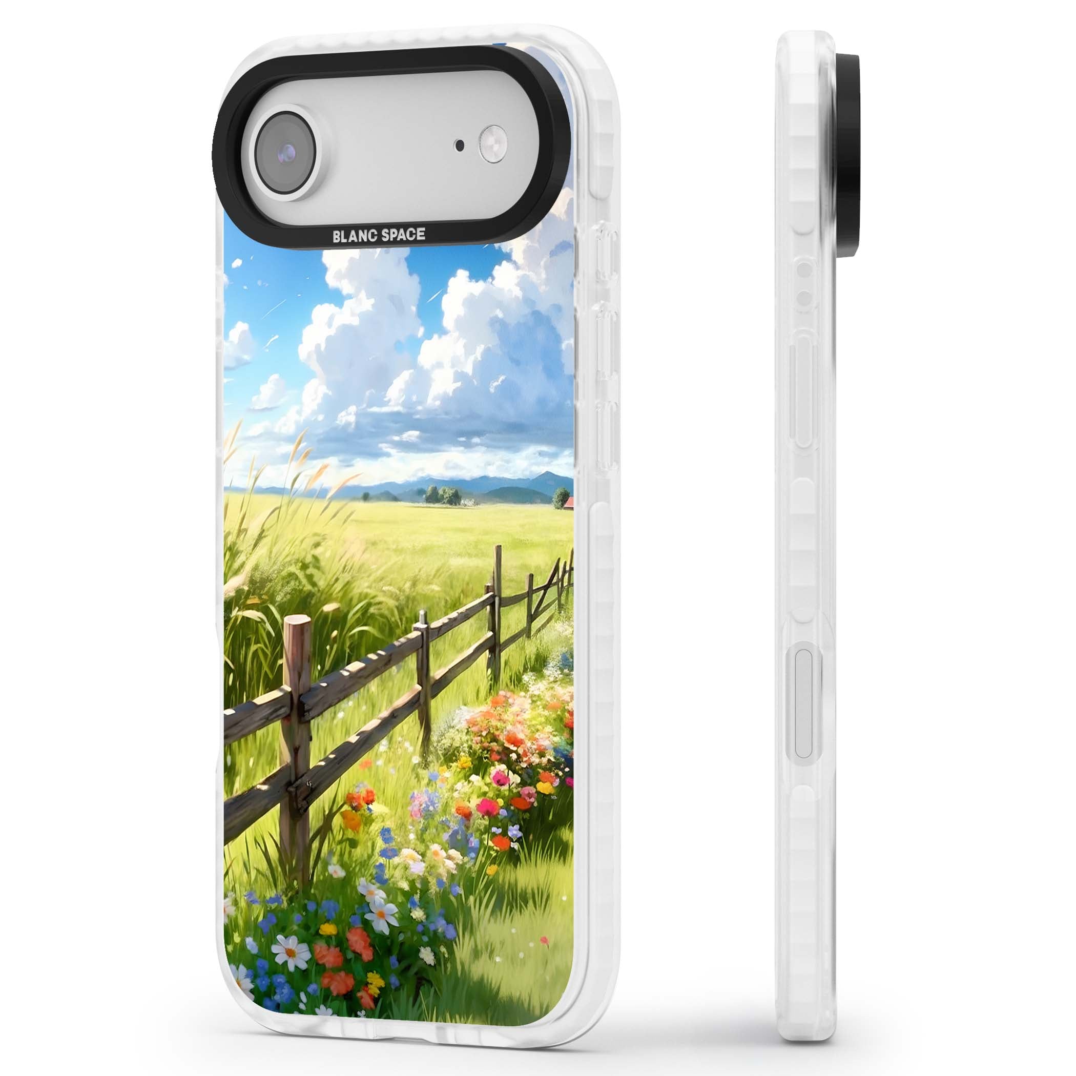 A Countryside Afternoon cottagecore iPhone case featuring a painted countryside meadow, wooden fence, and wildflowers beneath | Impact Magsafe case for iPhone Air