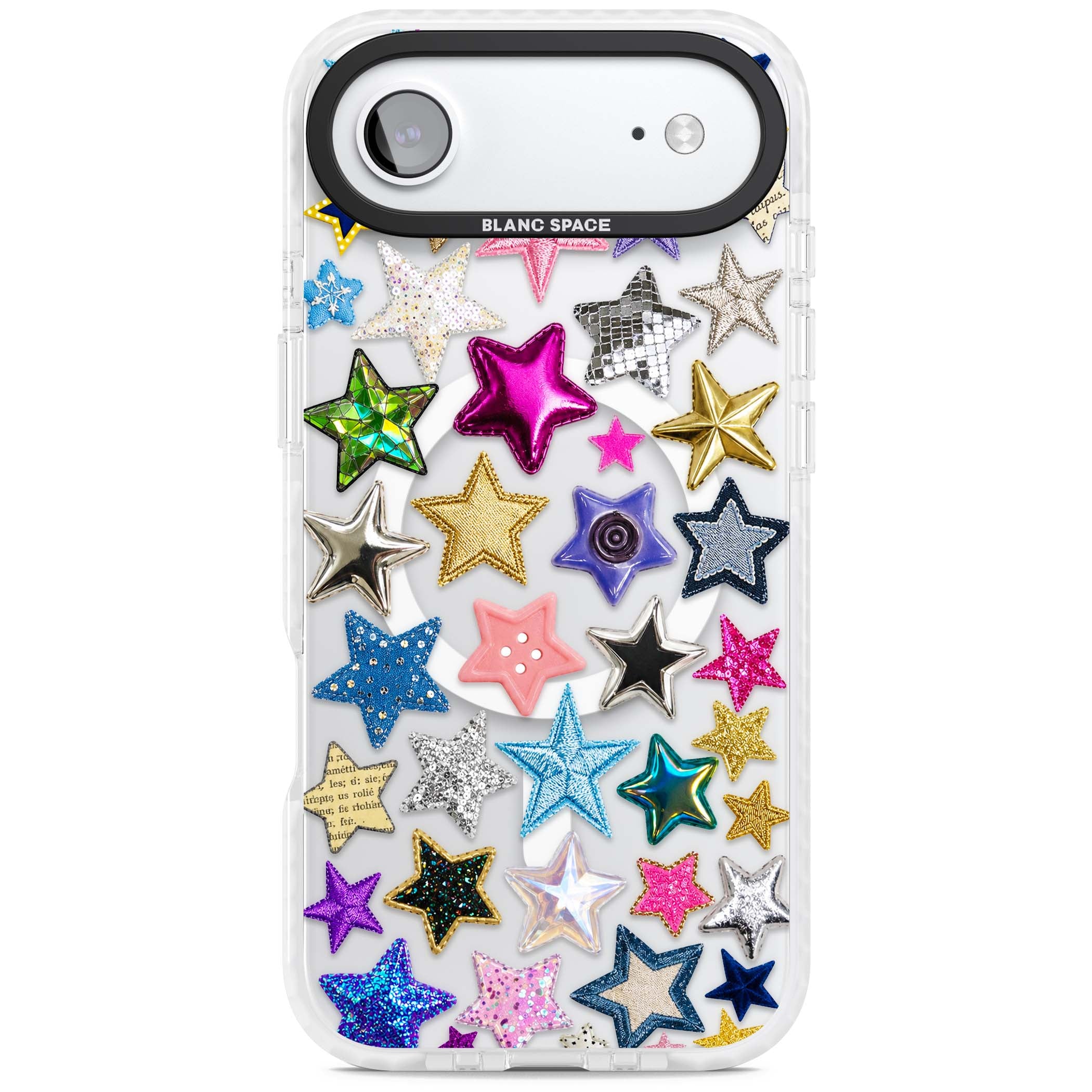 Crafty Star Mix Y2K iPhone case featuring embroidered, sequinned and glitter star patches in rainbow colours | Impact Magsafe case for iPhone Air